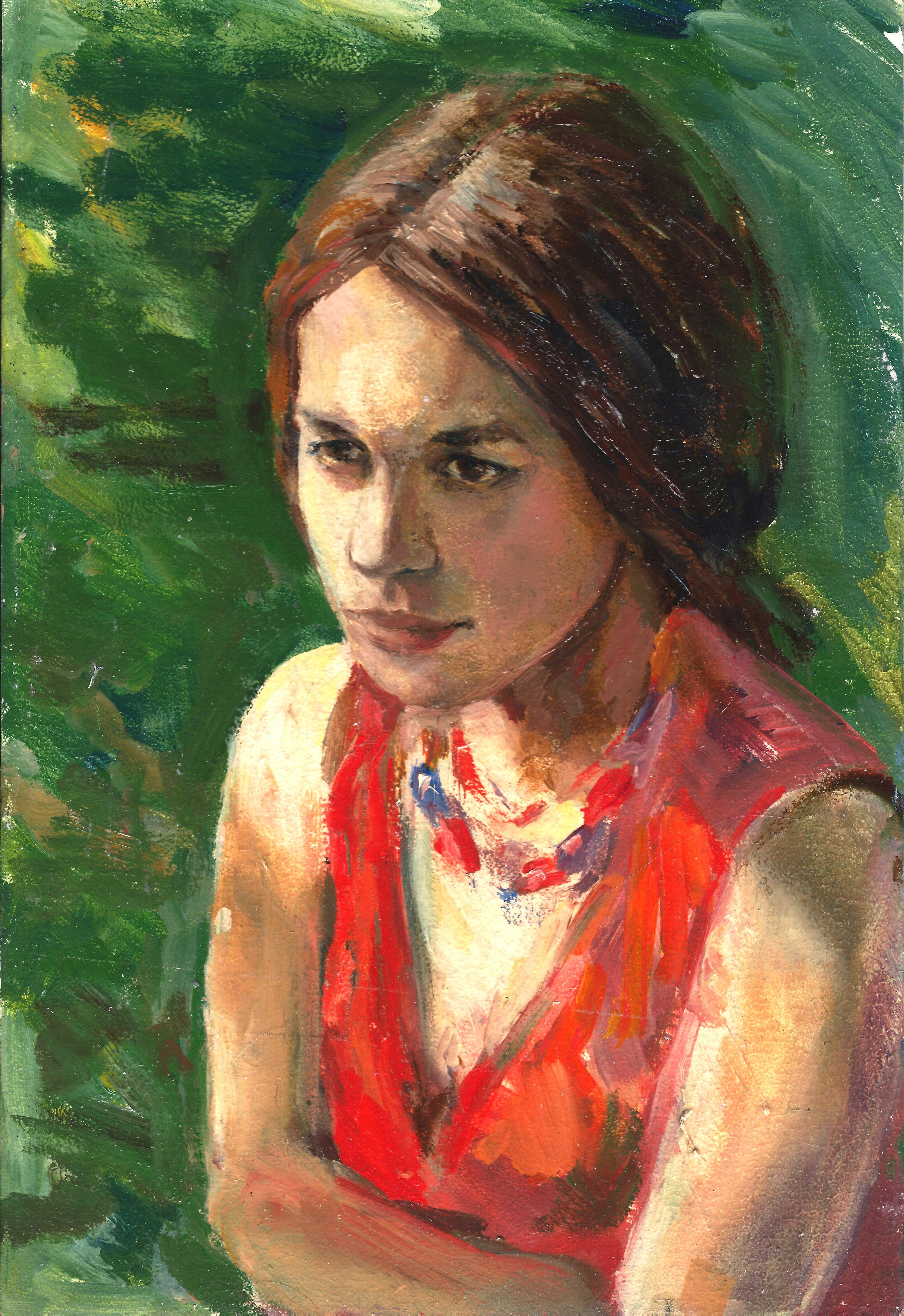 "Девушка в красном, яркое солнце", холст / масло, 2007