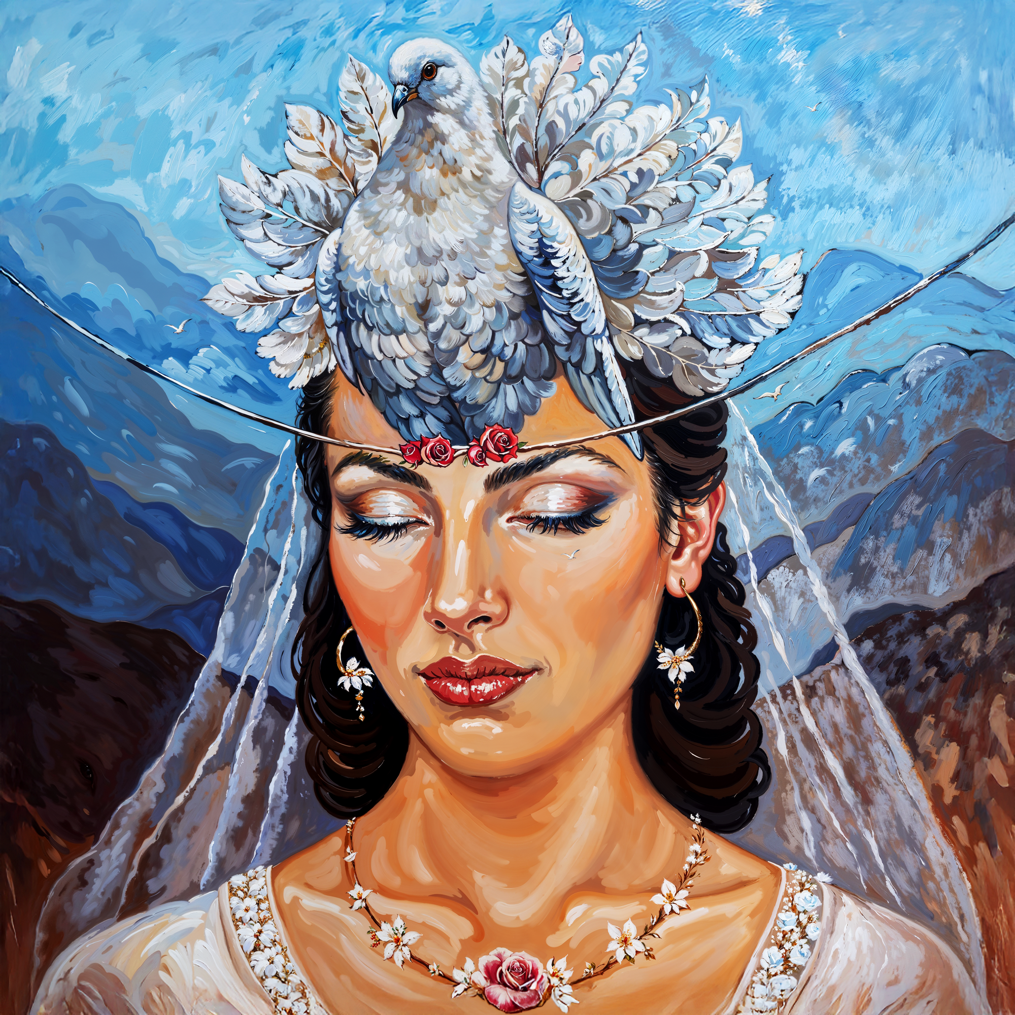 Женский портрет с закрытыми глазами и белым голубем на голове в виде венца на фоне гор