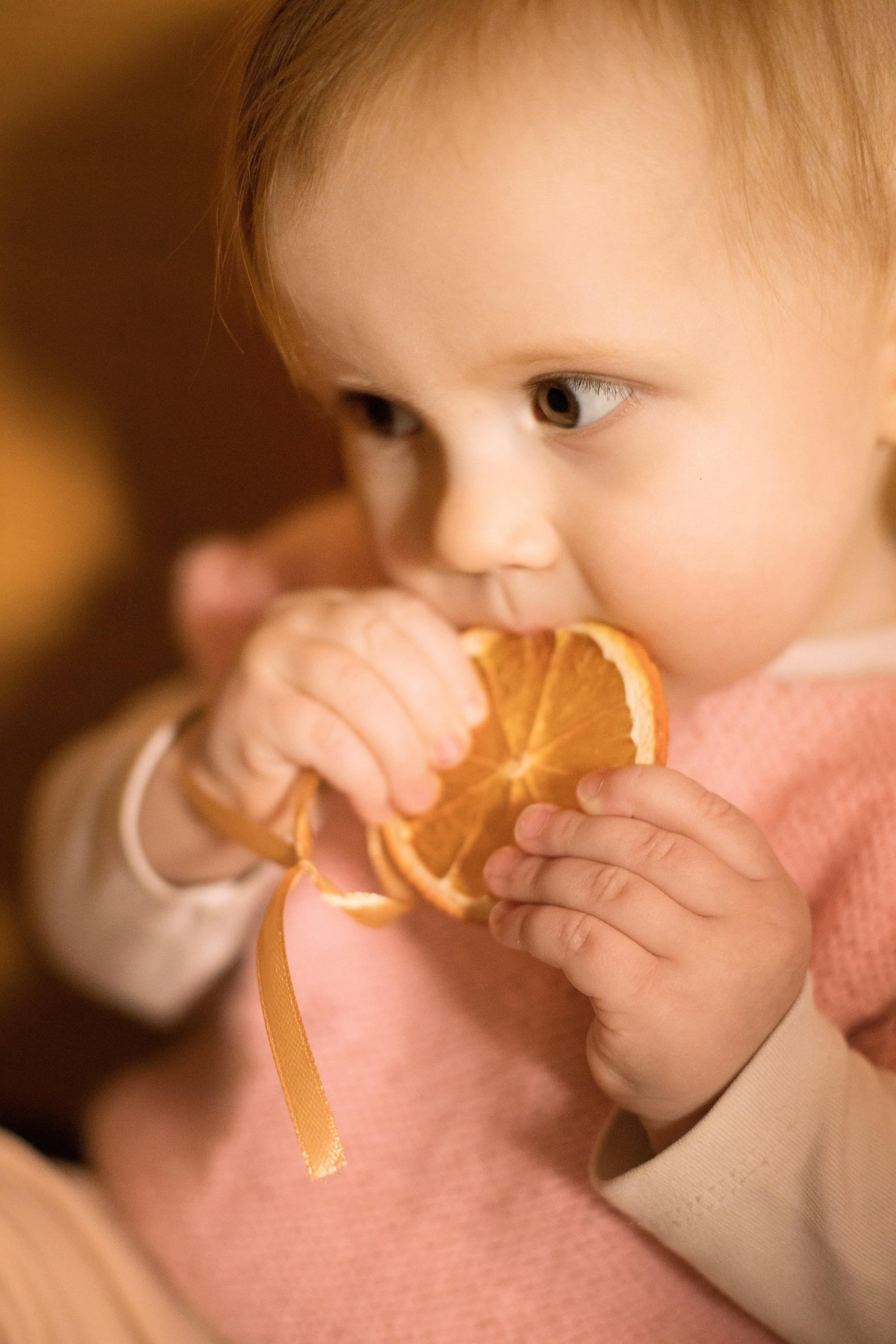 Маленькая девочка в розовой вязаной кофточке грызёт сушеный апельсин