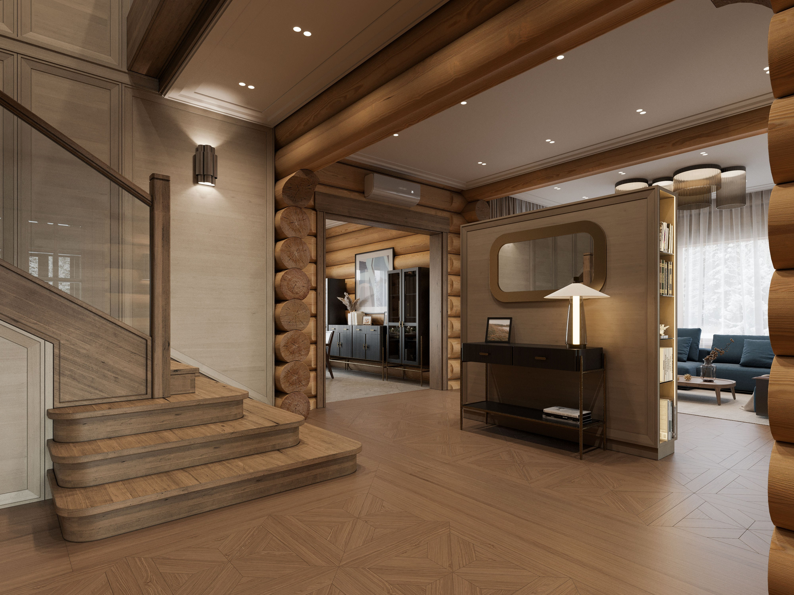 Просторная гостиная в бревенчатом доме с высокими потолками и современным освещением