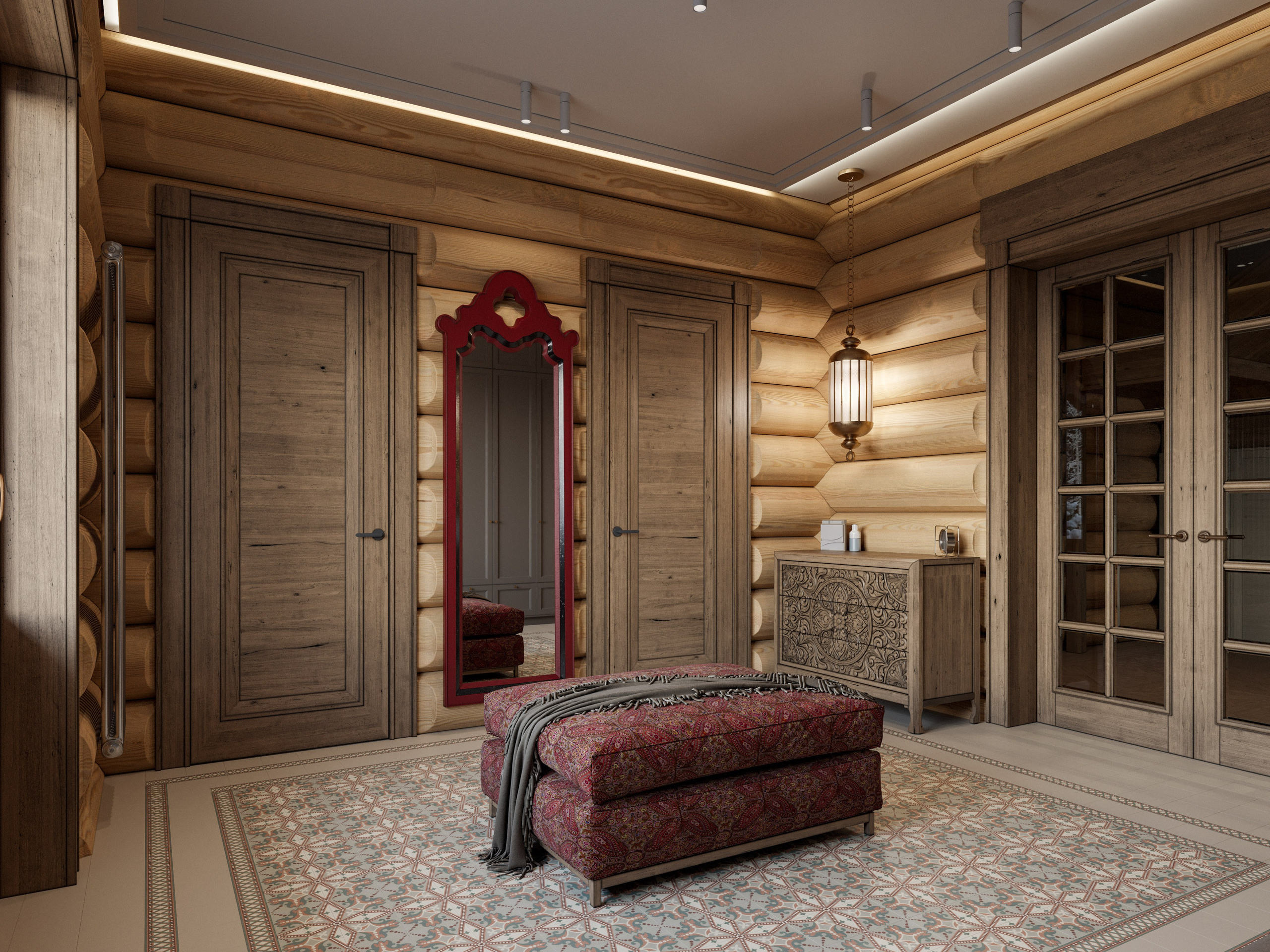 Просторная прихожая в доме из сруба с большим пуфом и аутентичным красным зеркалом