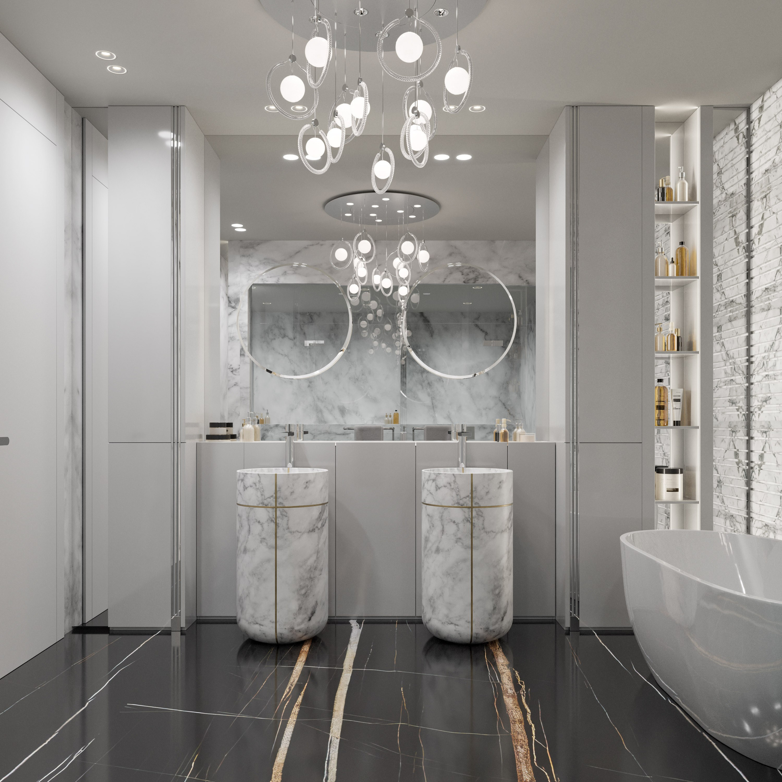 Душевая зона с цилиндрическими раковинами и перегородками с прозрачным стеклом