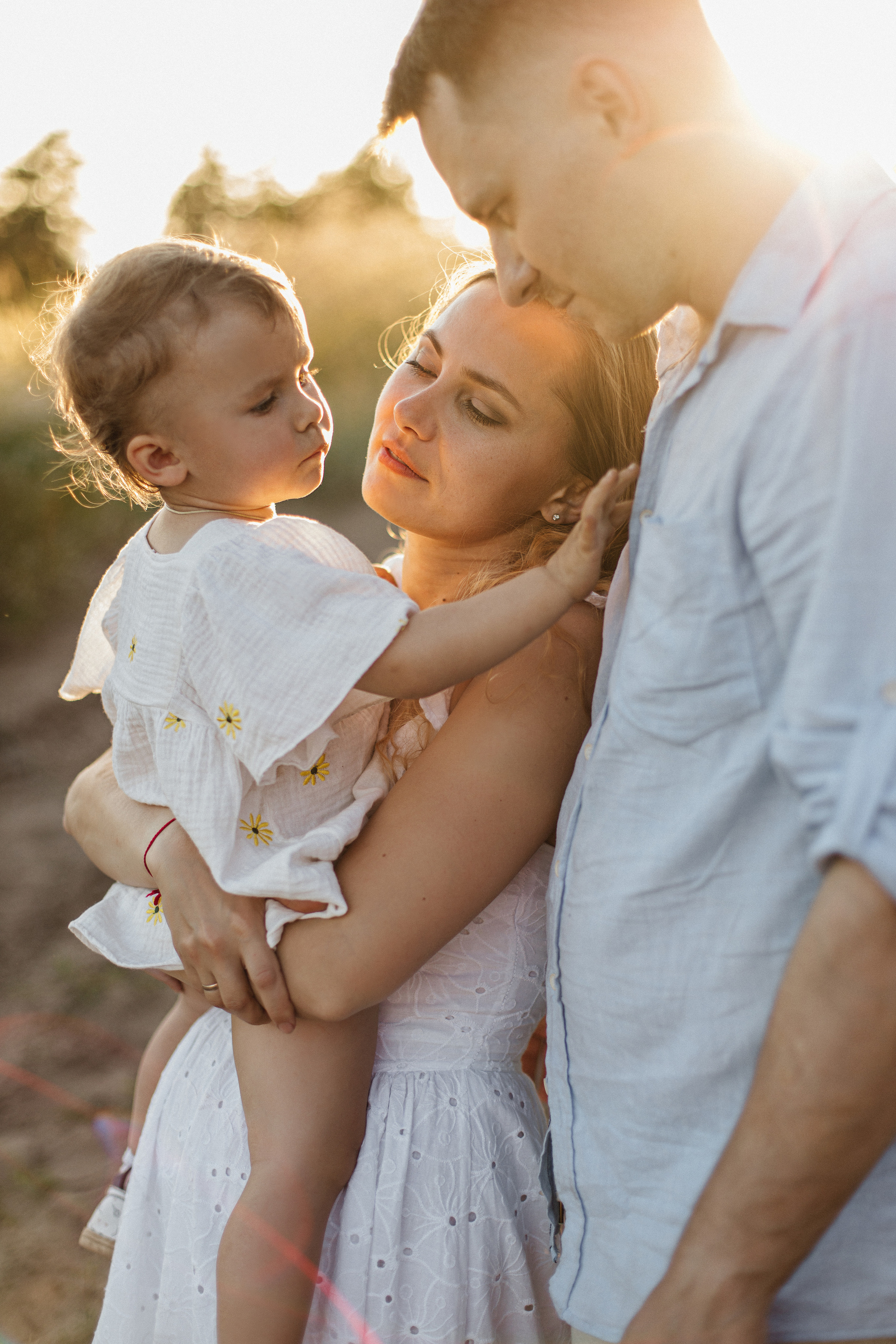 Семья обнимается на закате на природе красивый семейный портрет