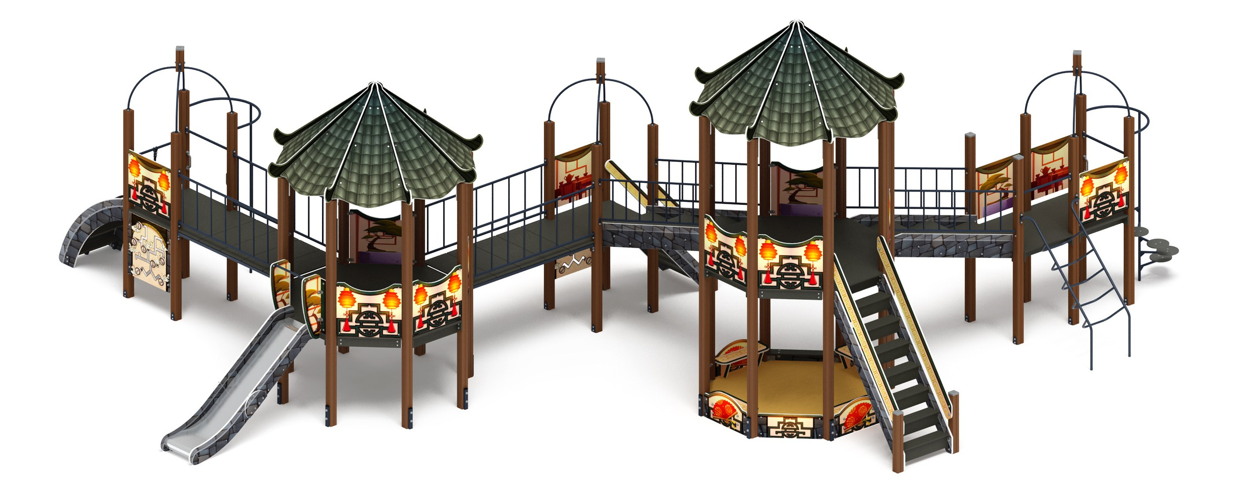 Карнавал (шанхай) - ДИК 2.22.07-02 - Игровой комплекс H=1200                                                                                                           Габариты (ШхДхВ): 12970х11610х5100                                                                                                                                                                     Зона безопасности, мм: 15970х15110                                                                                                                                                                    Скат горки: H=1200 (металлический скат)                                                                                                                                             Возрастные ограничения от 5 до 12 лет