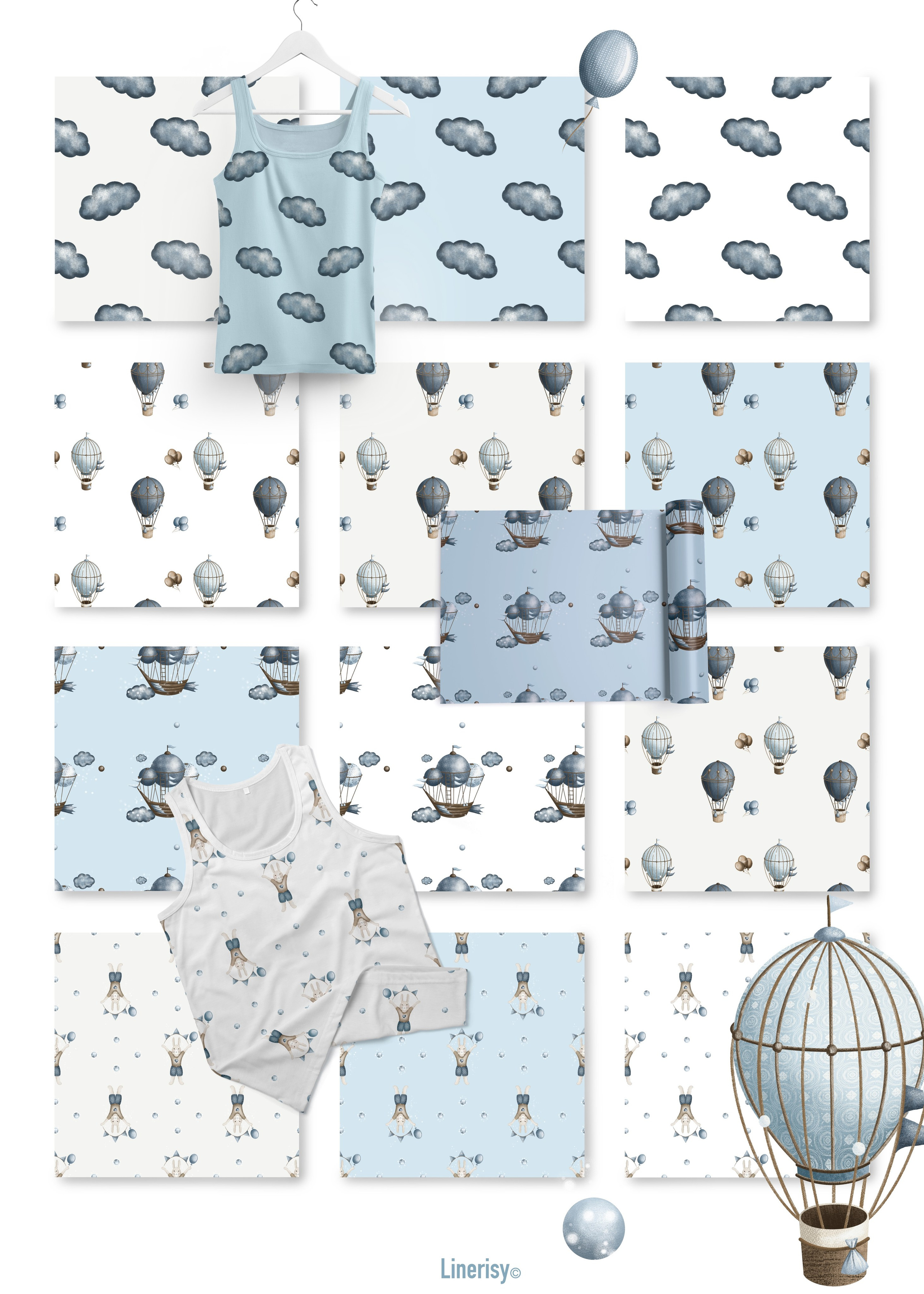 Коллекция «Зайка на воздушном шаре» — графические иллюстрации, композиции и бесшовные паттерны. Художник-иллюстратор Евгения Бекренёва