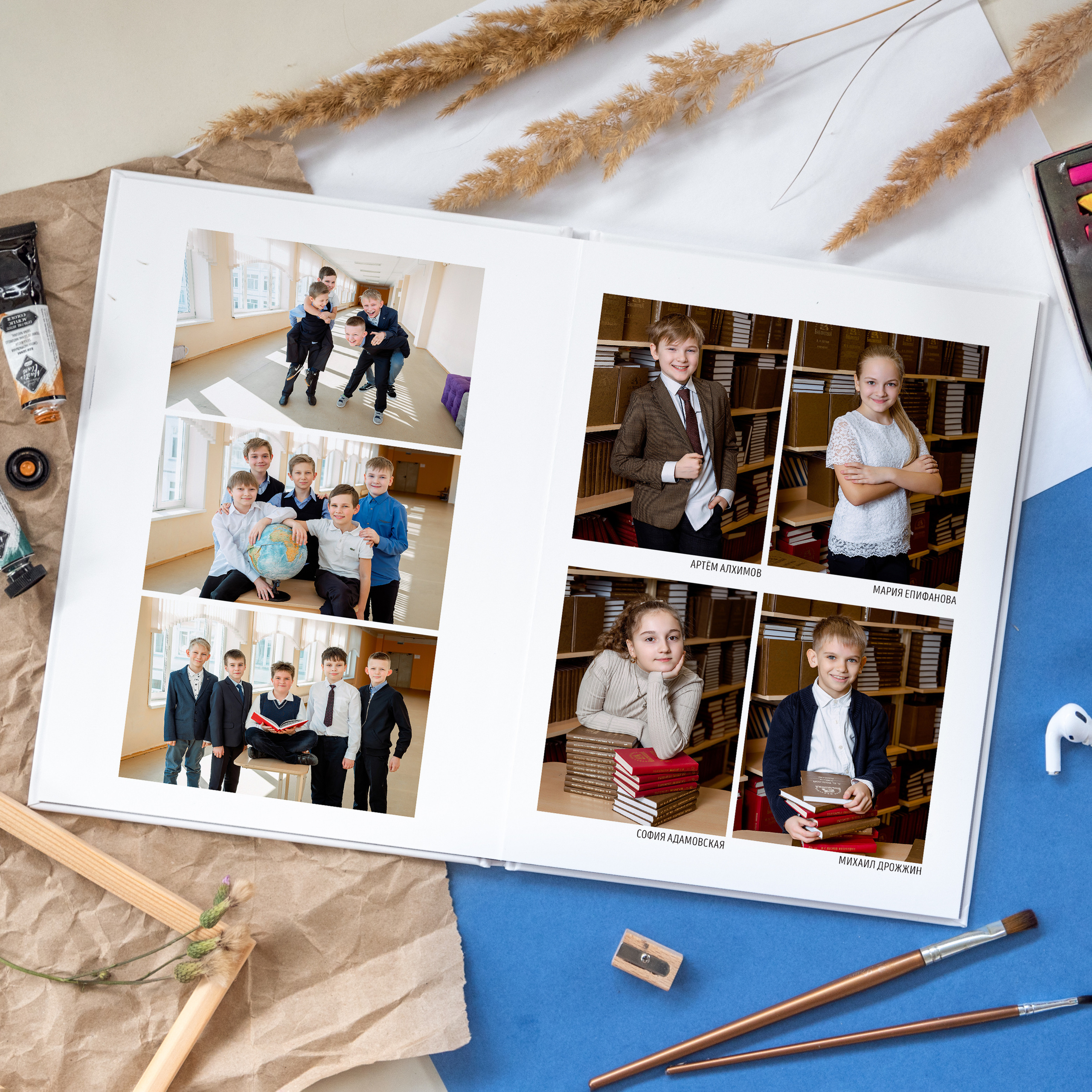 Разворот с подписанными портретными фото учеников и фотографии детей в коридоре школы с друзьями