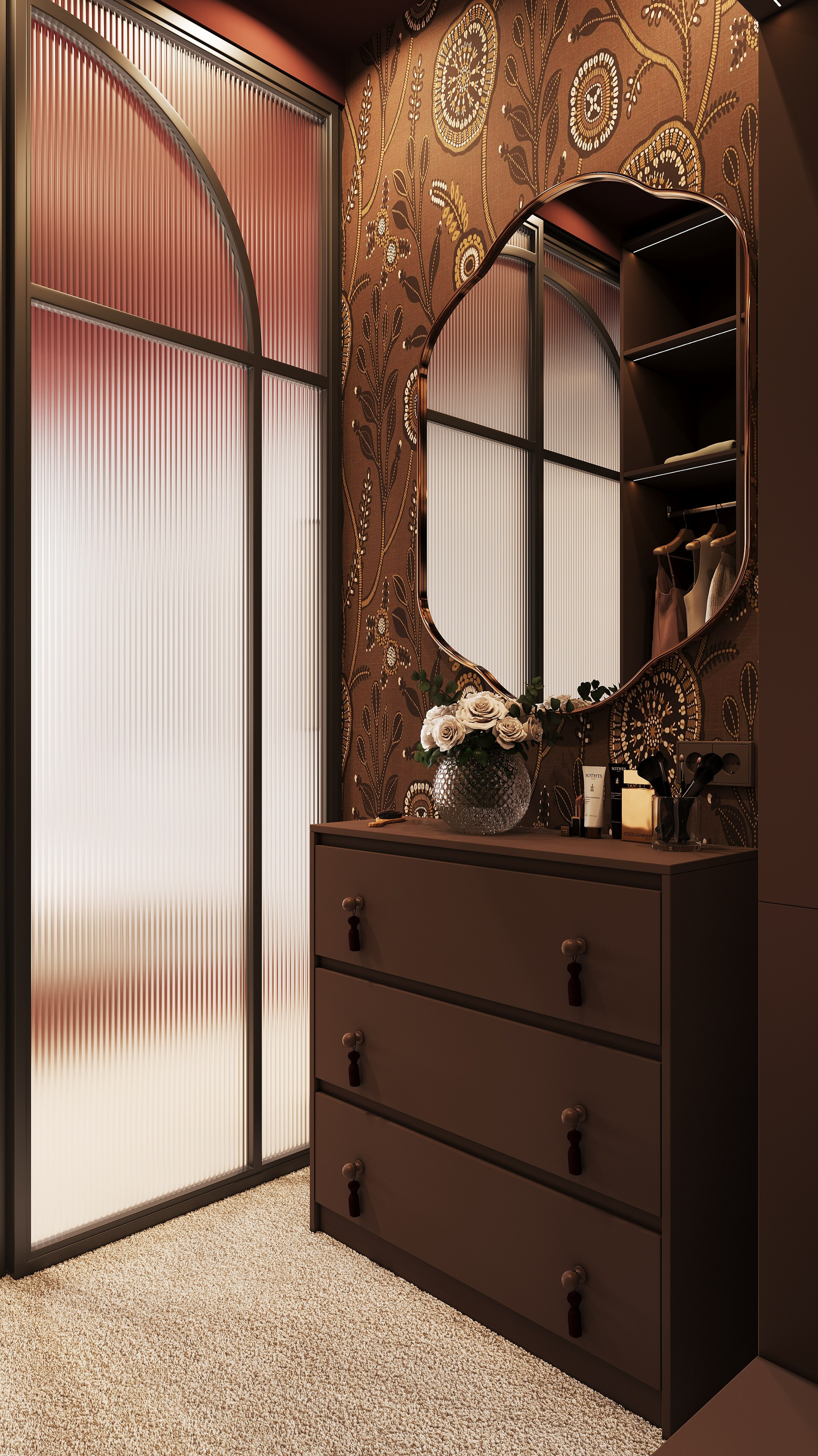 Спальня с бордовым потолком. 3D визуализатор