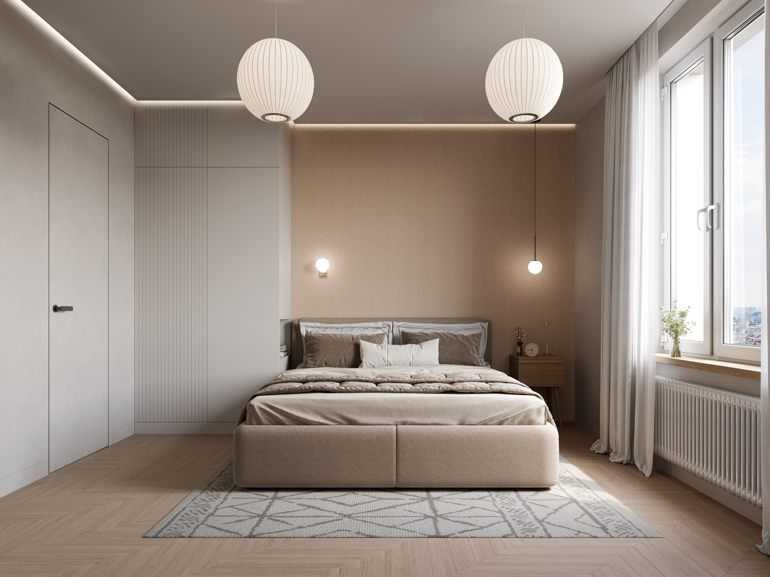 3D визуализация спальни в пастельных тонах с кроватью с текстильным изголовьем бежевого цвета