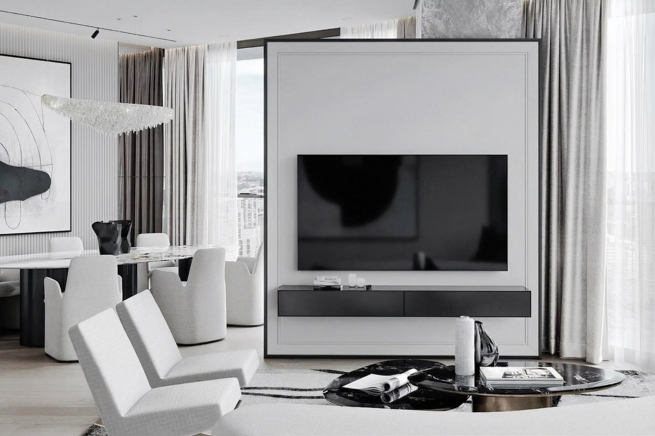 Дизайн ТВ-зоны и обеденной группы в премиальном проекте квартиры 125 м² от Валерии Котович: центральный архитектурный портал, дизайнерская люстра над столом и мраморные журнальные столики.