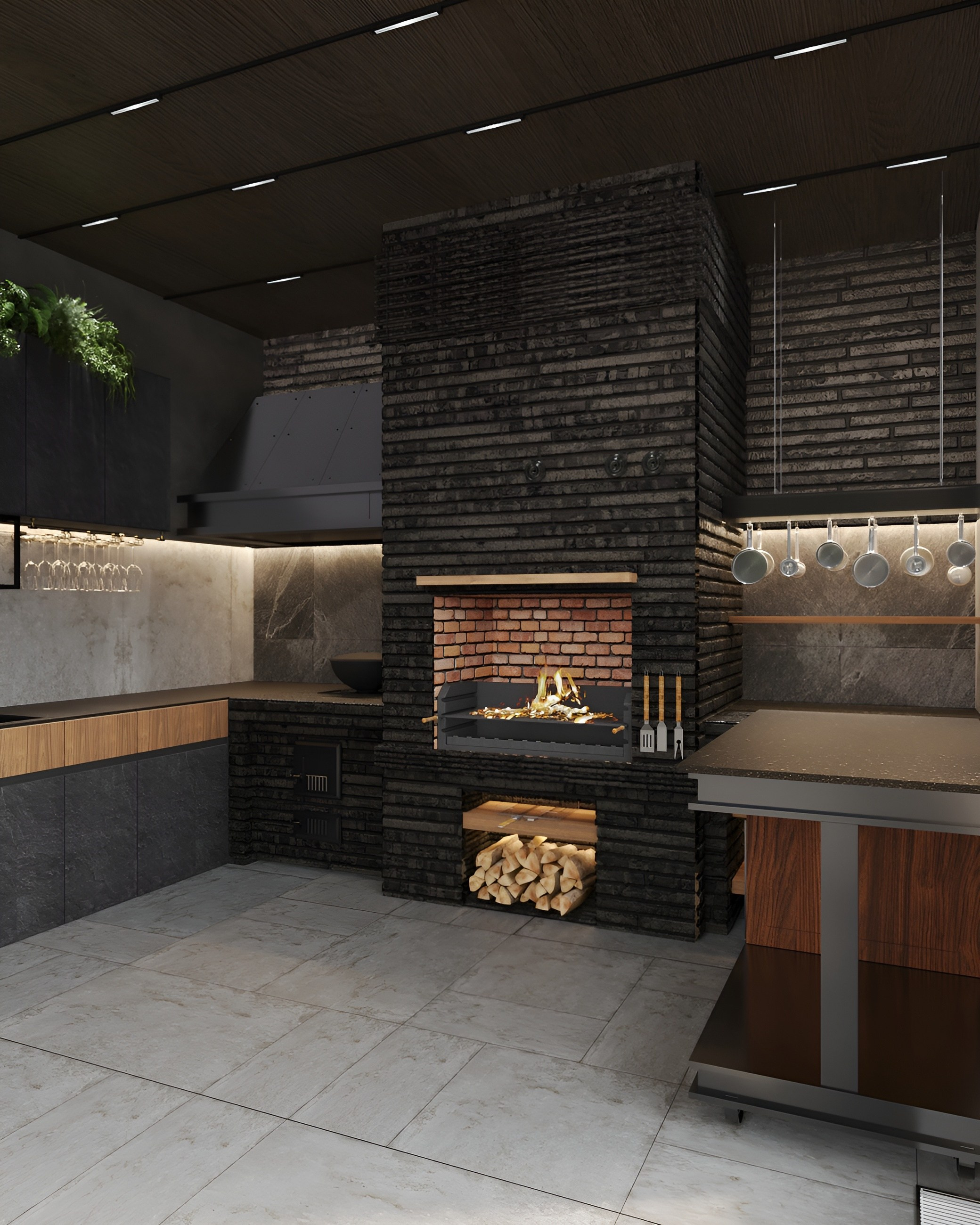 Терраса в загородном доме с камином. 3D Визуализация интерьеров жилых и коммерческих помещений