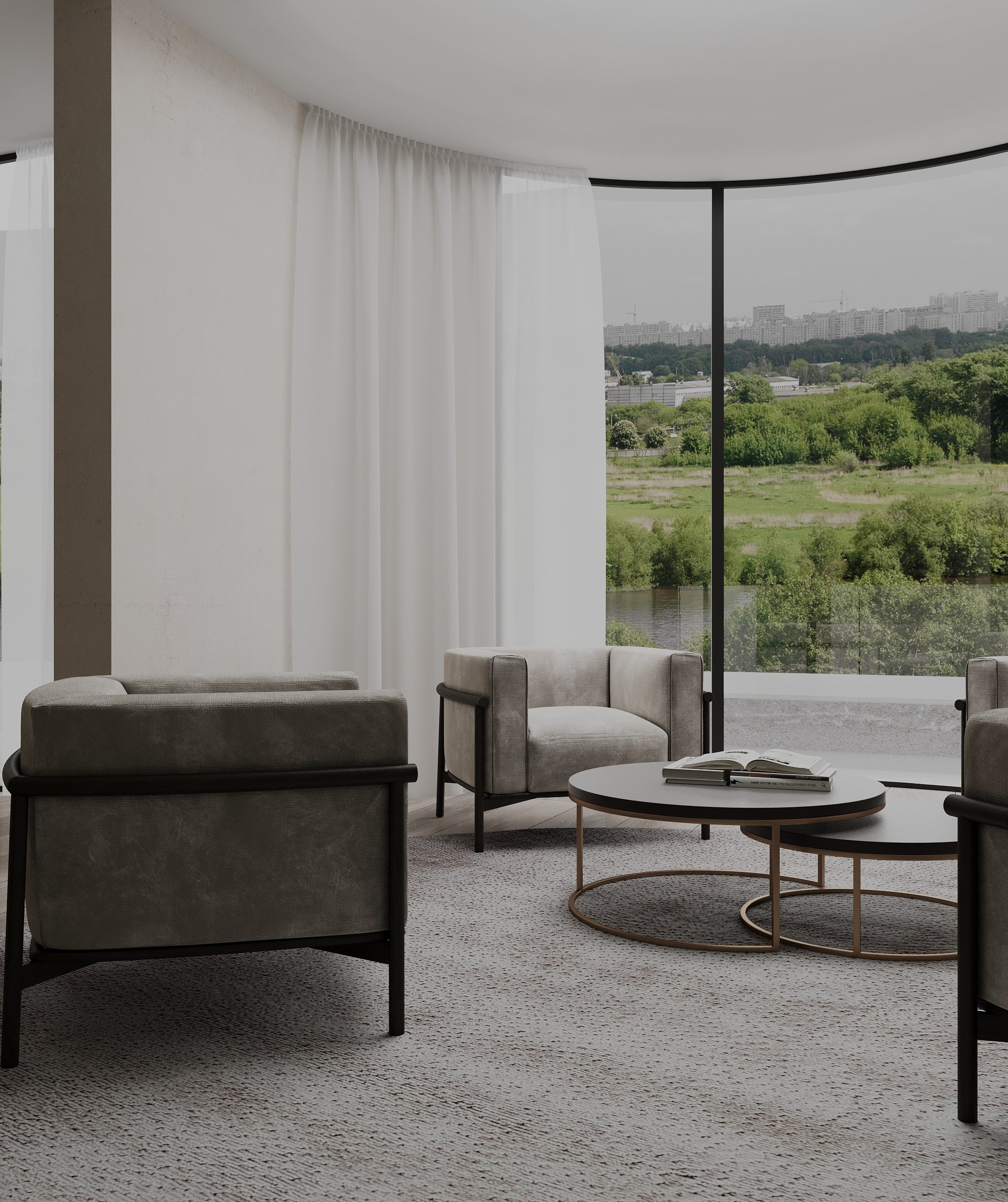 Round living room. 3D Визуализация интерьеров жилых и коммерческих помещений