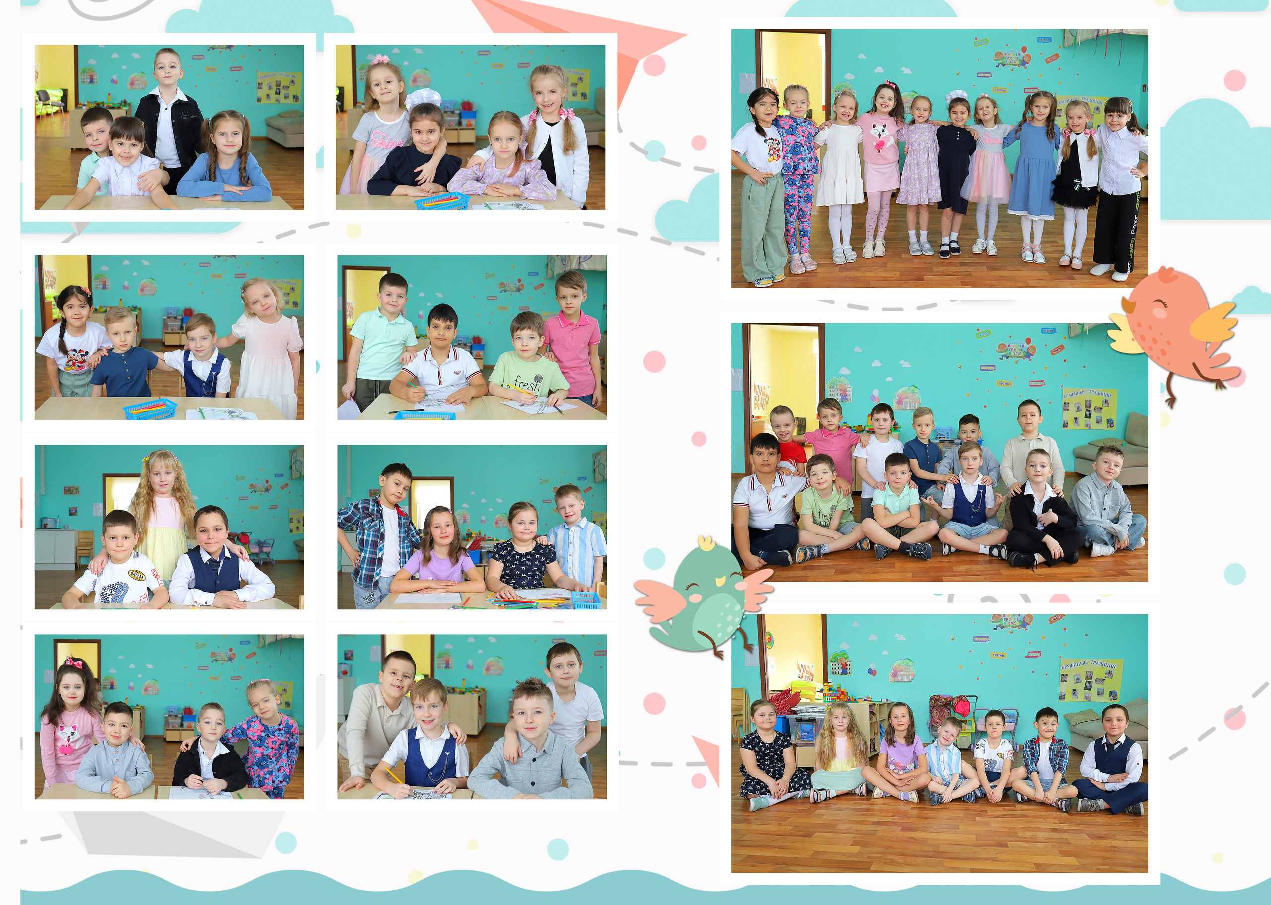 Классический групповой кадр для выпускного альбома детского сада в тёплых, мягких цветах.