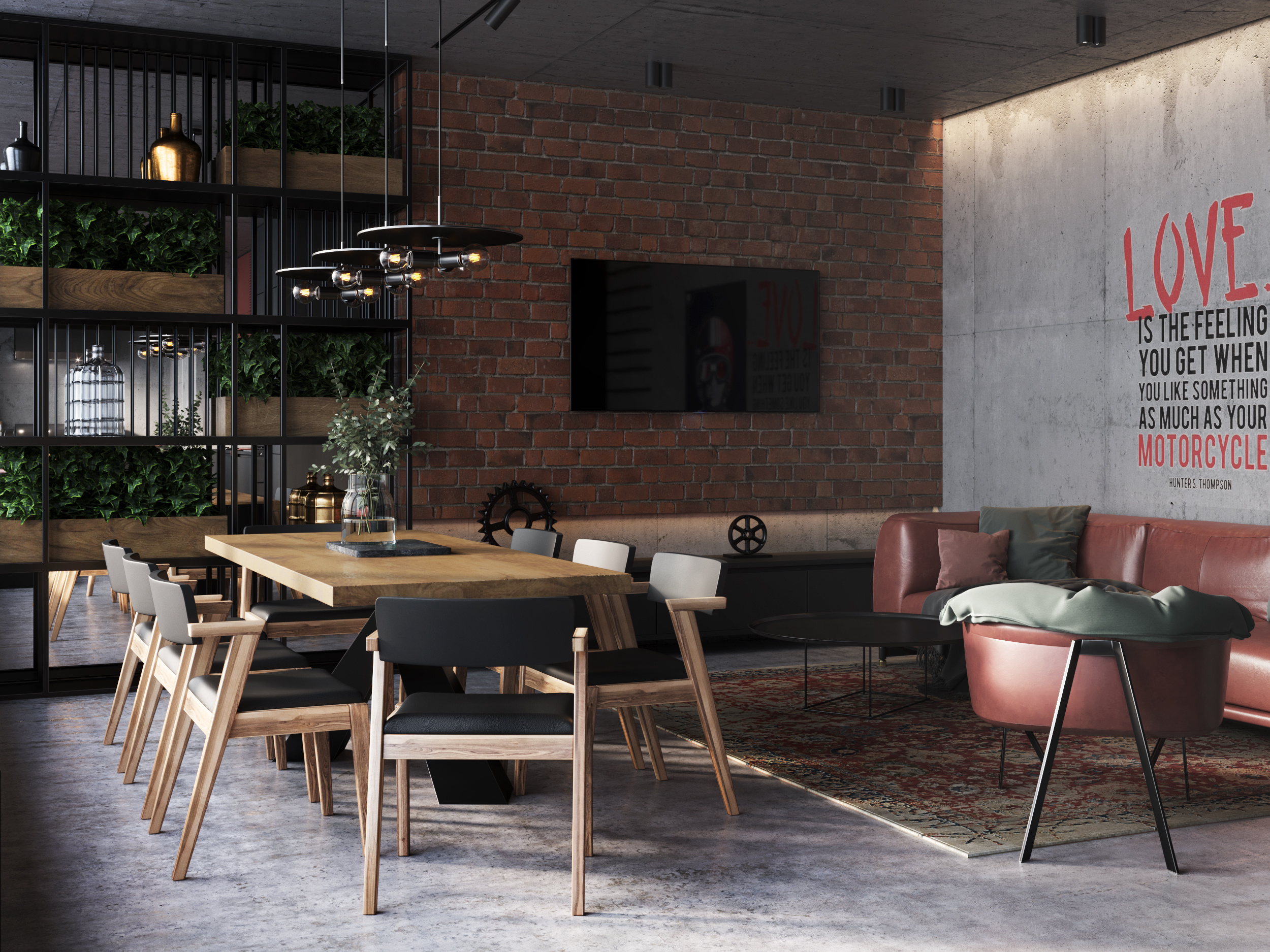 барбекю зона, барбекю дома, интерьер в стиле лофт, стиль лофт в интерьере квартиры, интерьер гостиной в стиле лофт, интерьер кухни-гостиной в стиле лофт, барная стойка на кухне, кирпич в интерьере, бетон в интерьере, брутальный интерьер, брутальный дизайн интерьера, лофтовые интерьеры