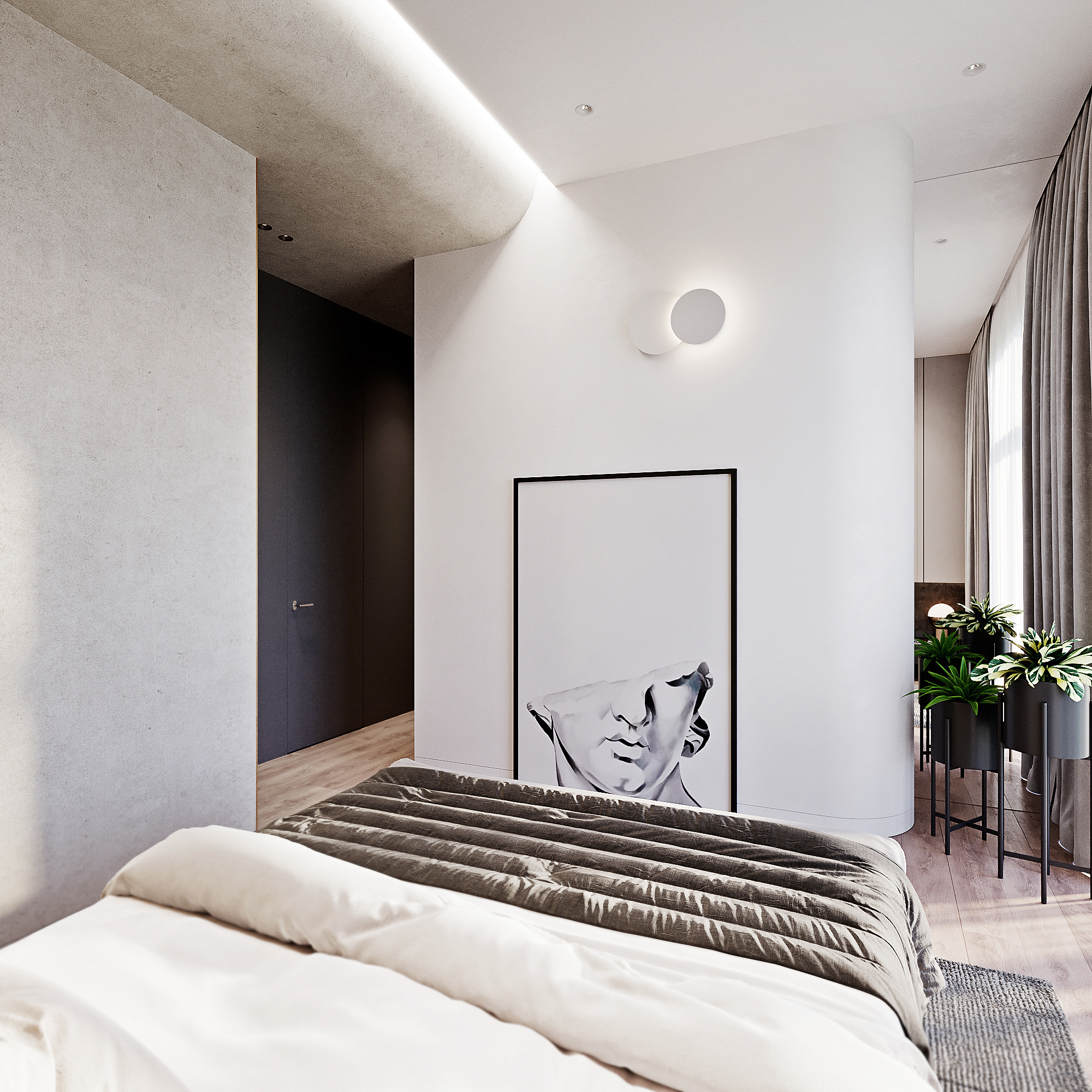 дизайн лаконичной спальни, интерьер спальни, интерьер спальни в современном стиле, интерьер мастер спальни, дизайн  спальни , спальня в нейтральных тонах, минималистичная спальня , дизайн современной спальни, необычный потолок в спальне