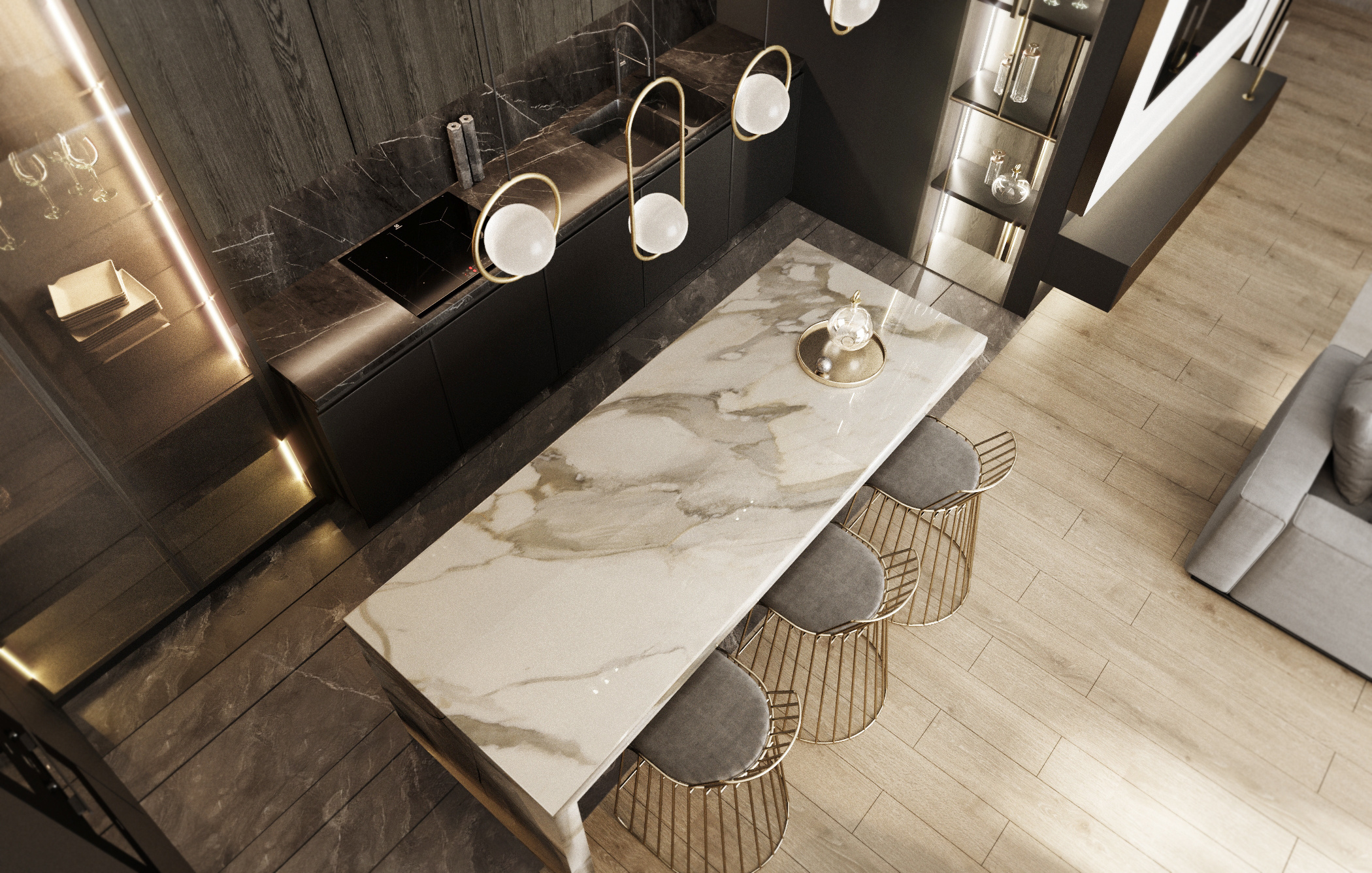 интерьер гостиной, интерьер гостиной в современном стиле, интерьер кухни-гостиной, дизайн кухни-гостиной, кухня-столовая-гостиная, кухня с островом, дизайн кухни с островом, подвесные светильники над островом, остров из кварца