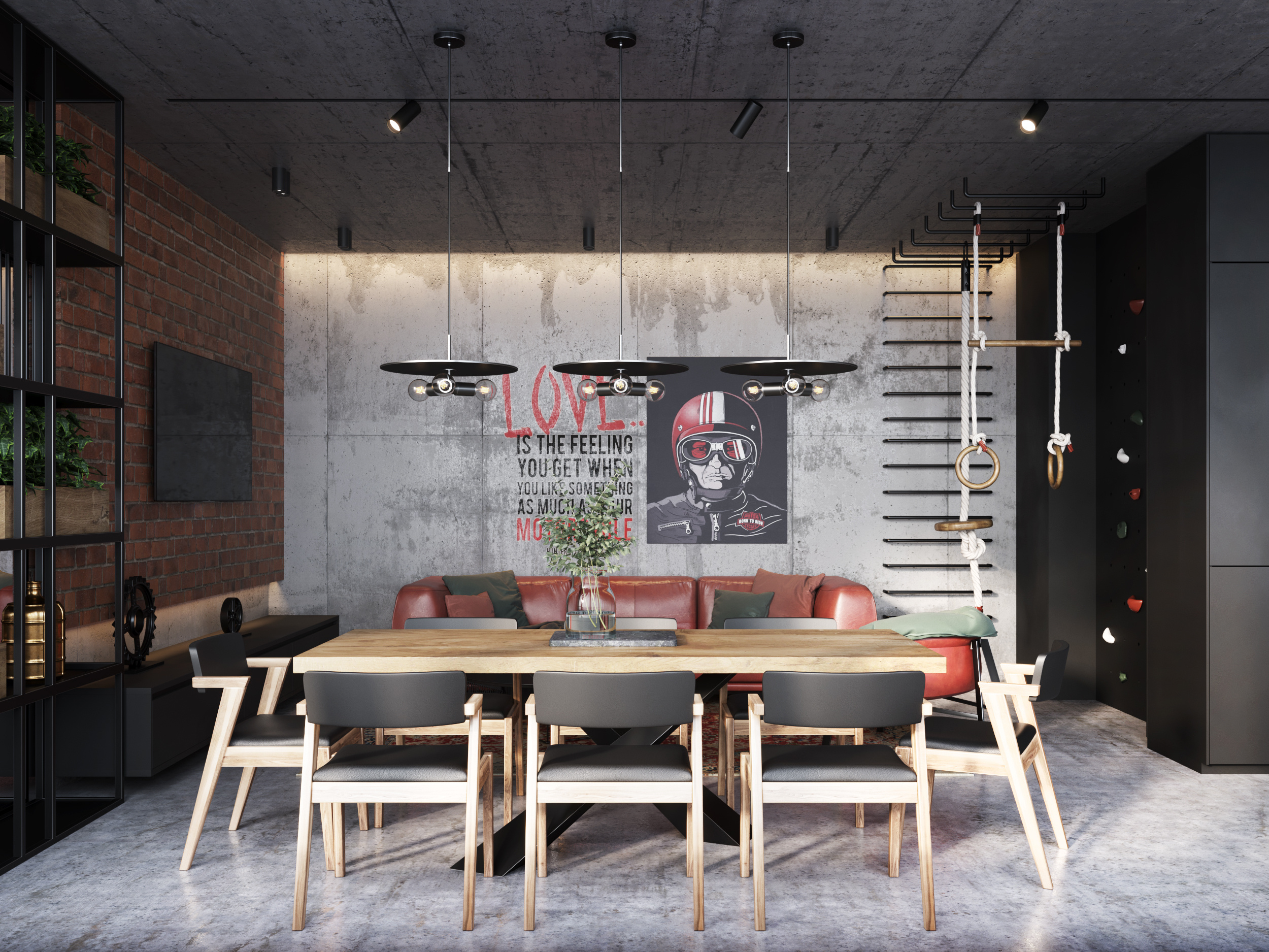 барбекю зона, барбекю дома, интерьер в стиле лофт, стиль лофт в интерьере квартиры, интерьер гостиной в стиле лофт, интерьер кухни-гостиной в стиле лофт, барная стойка на кухне, кирпич в интерьере, бетон в интерьере, брутальный интерьер, брутальный дизайн интерьера, лофтовые интерьеры