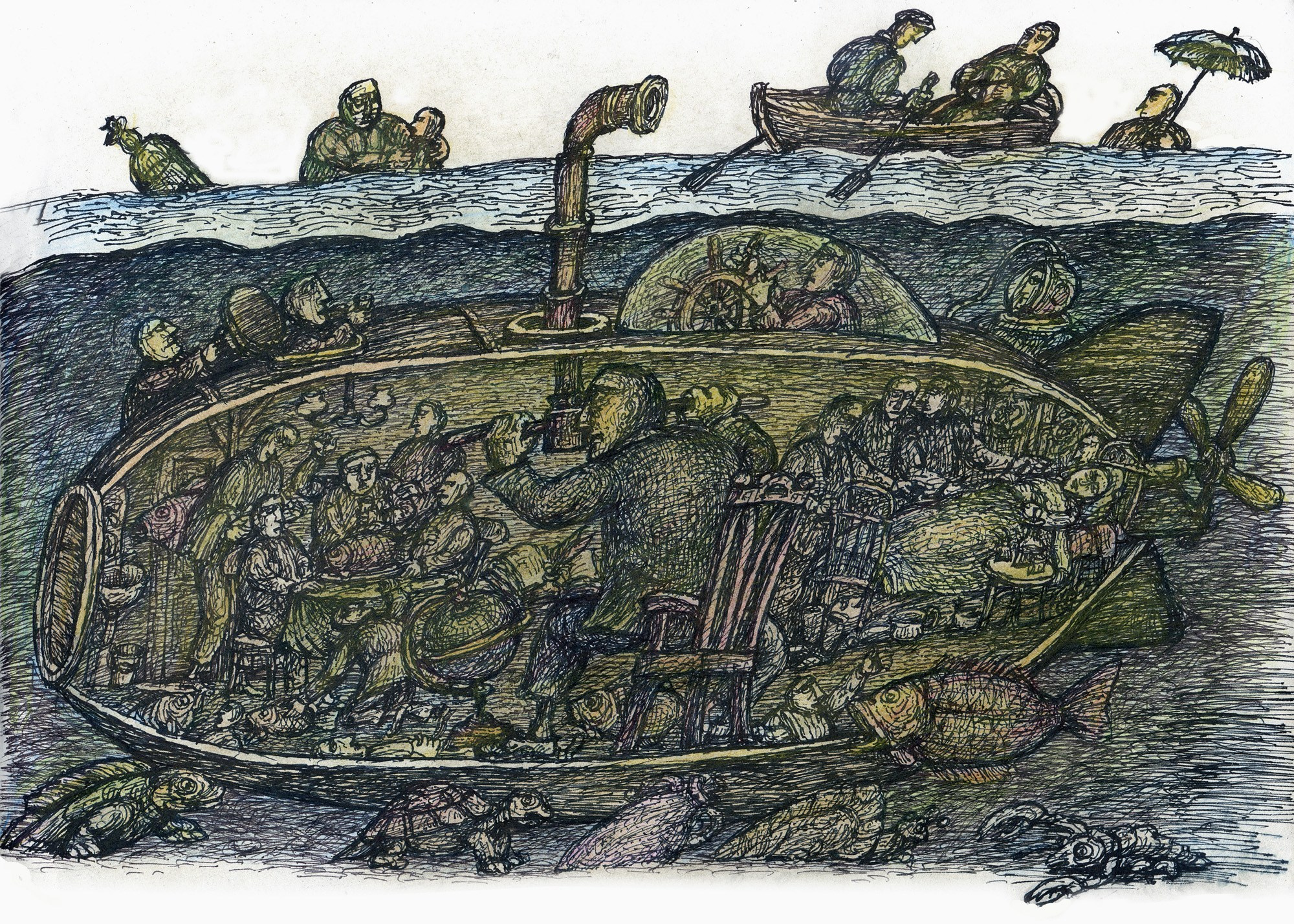 «Наутилус» капитана Немо, гелевая ручка, цветной карандаш