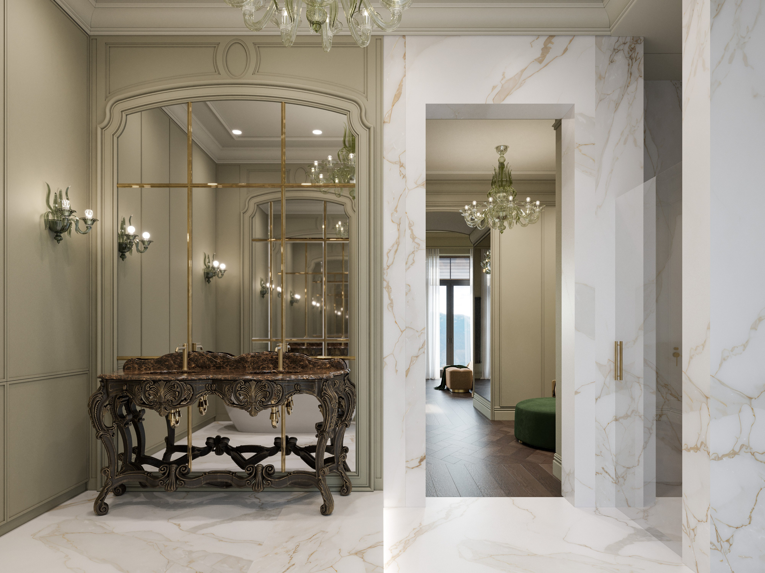 3D визуализация санузла в мятных тонах при женской спальне с мраморной отделкой