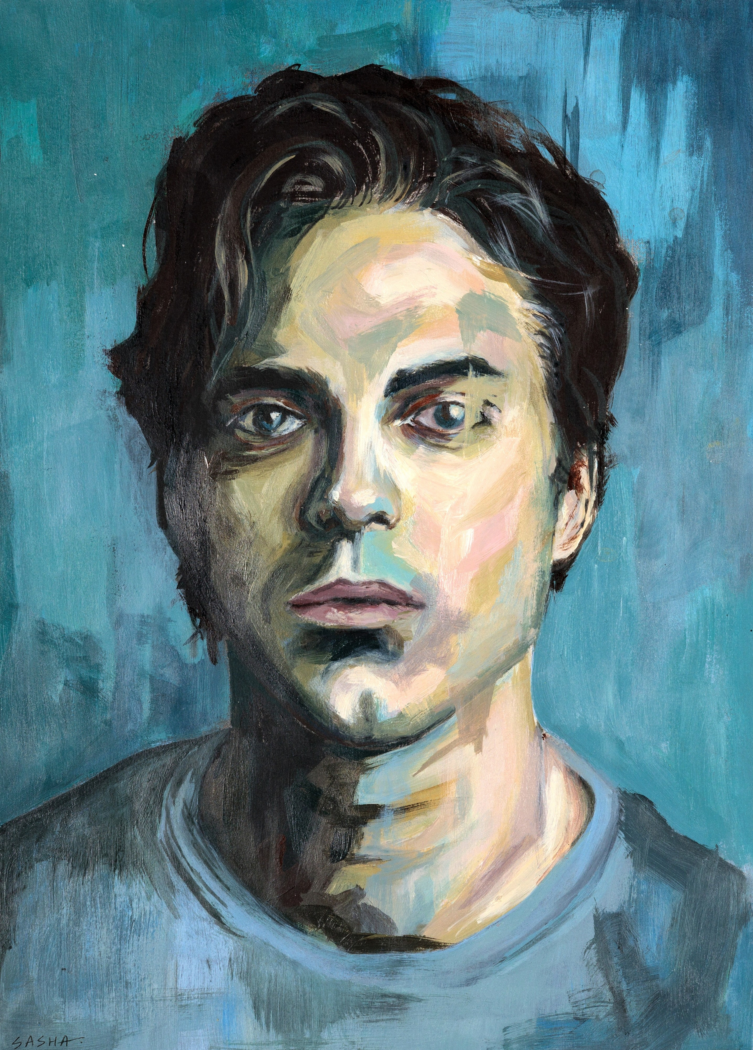 портрет  человека, написанный маслом в синих тонах