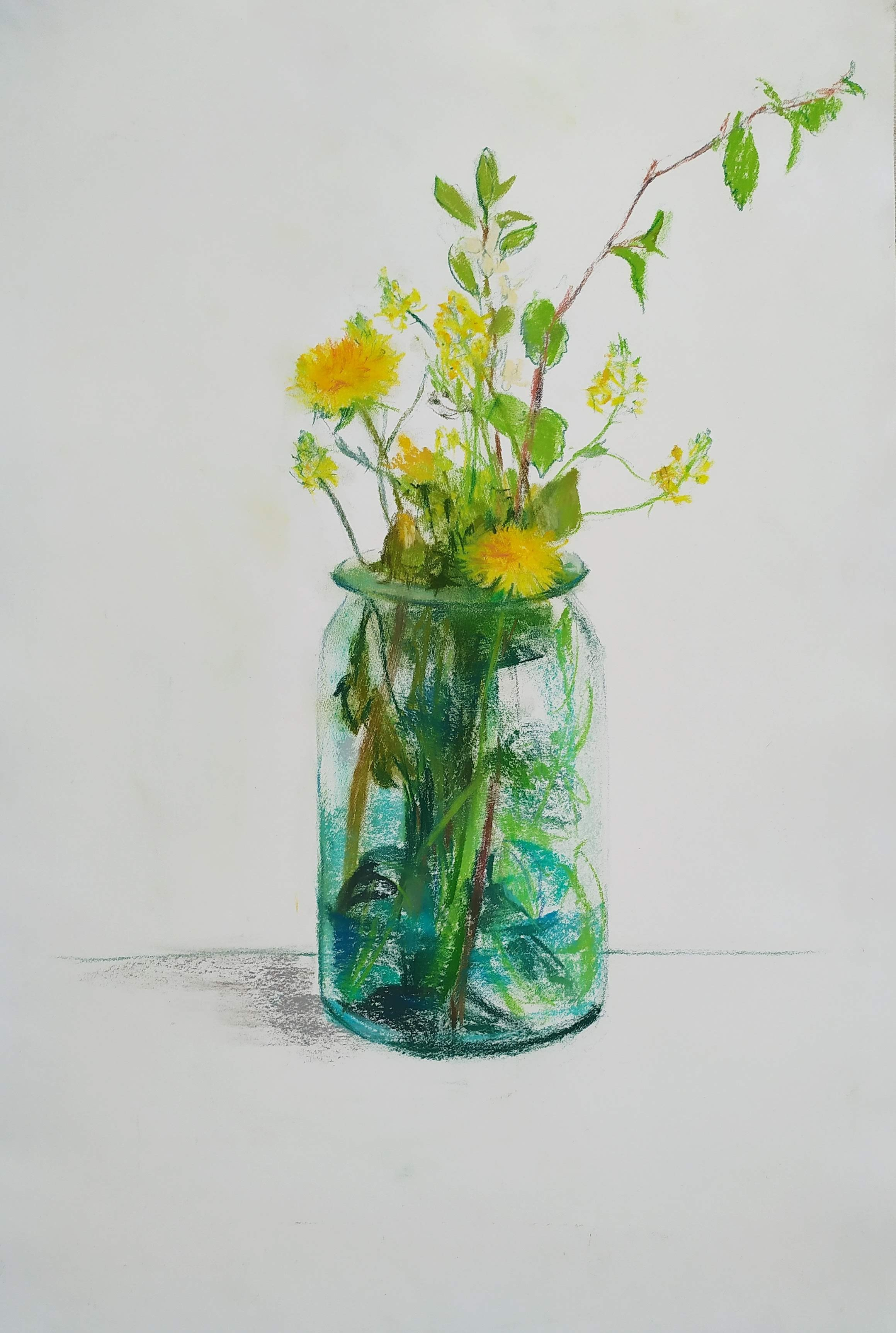 Букет из первых весенних трав и цветов, зарисовка пастелью