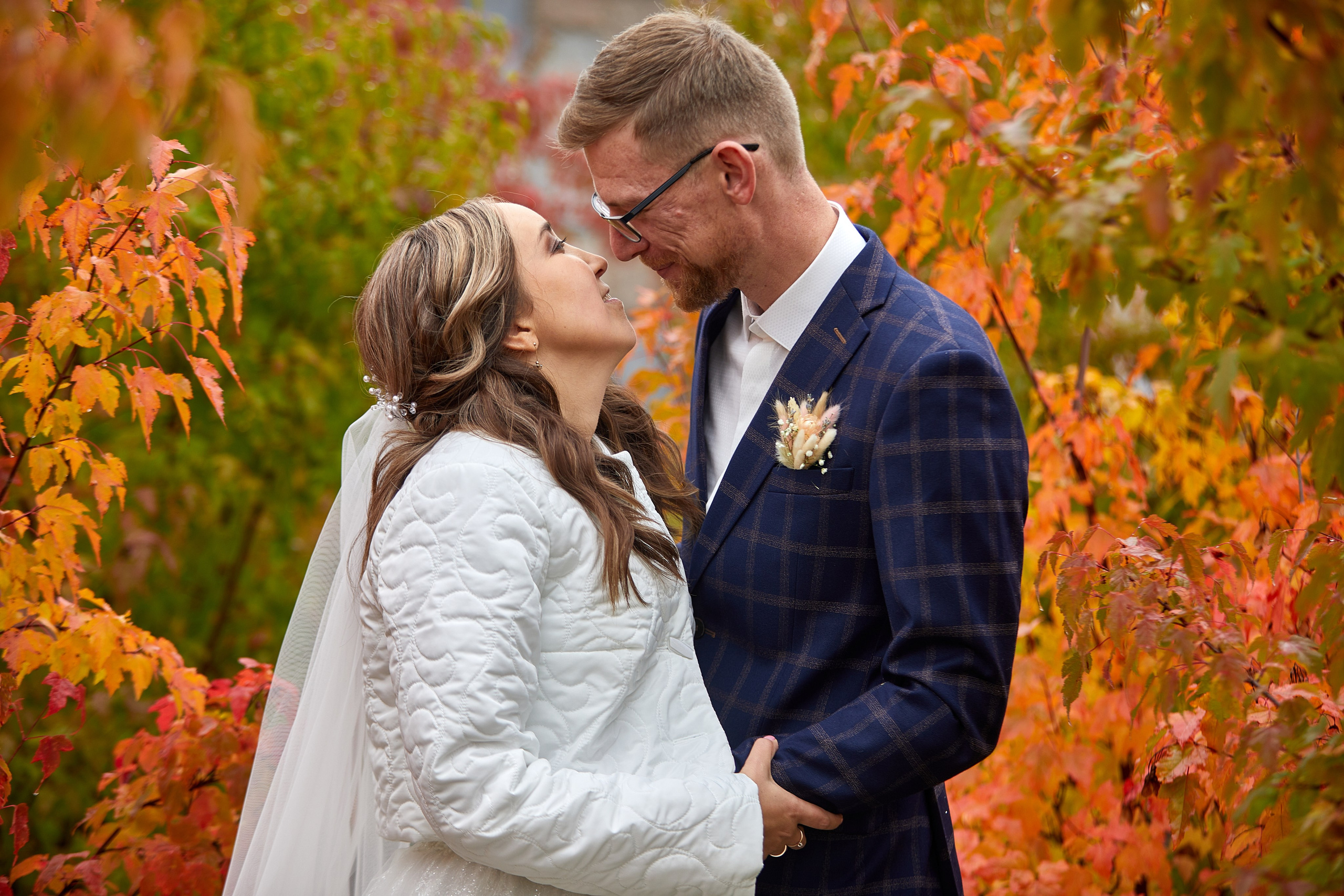 kogan.studio - Молодожены целуются на фоне оранжевых деревьев 