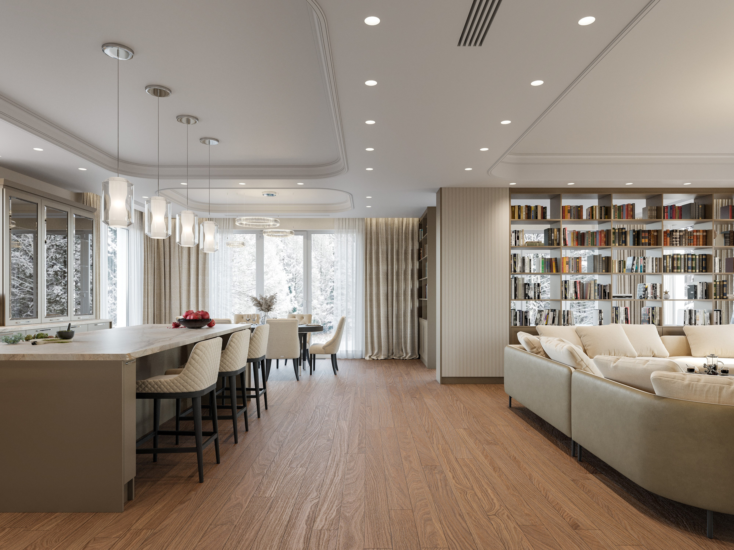 3D визуализация кухни-гостиной в классическом стиле с мраморным островом и барными стульями