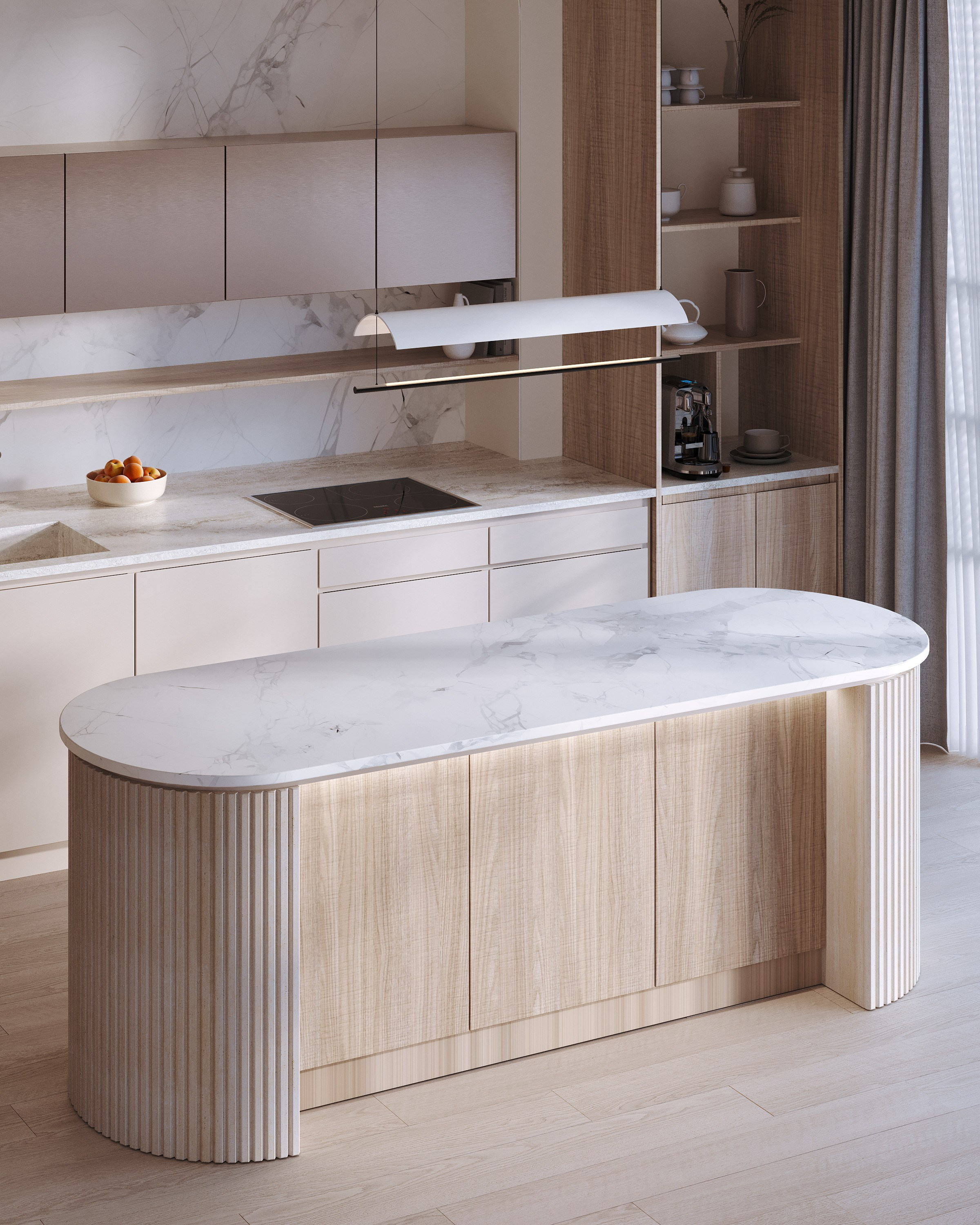 визуализация кухни - гостиной в минималистичном современном  стиле