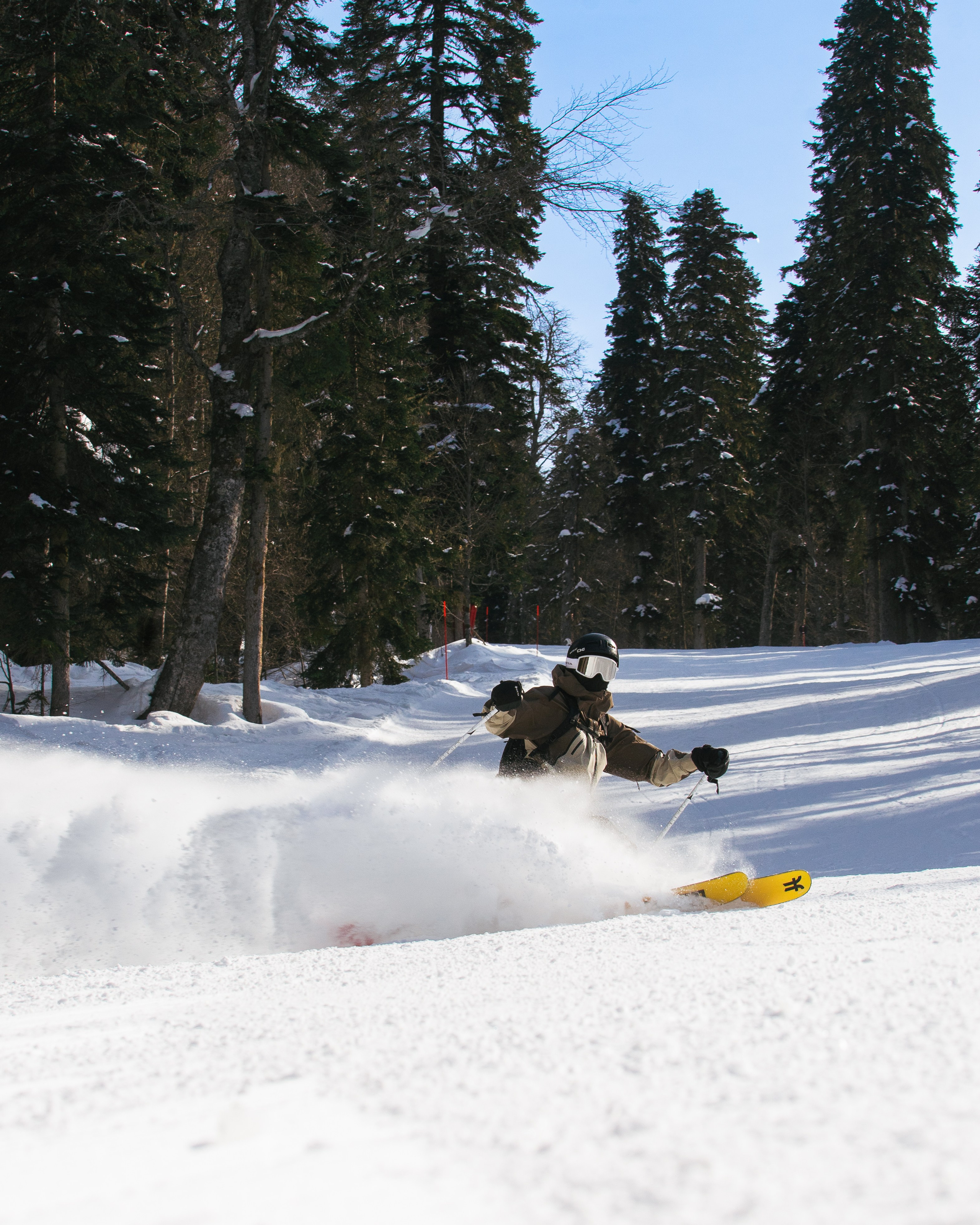 лыжник быстро едет по горнолыжной трассе