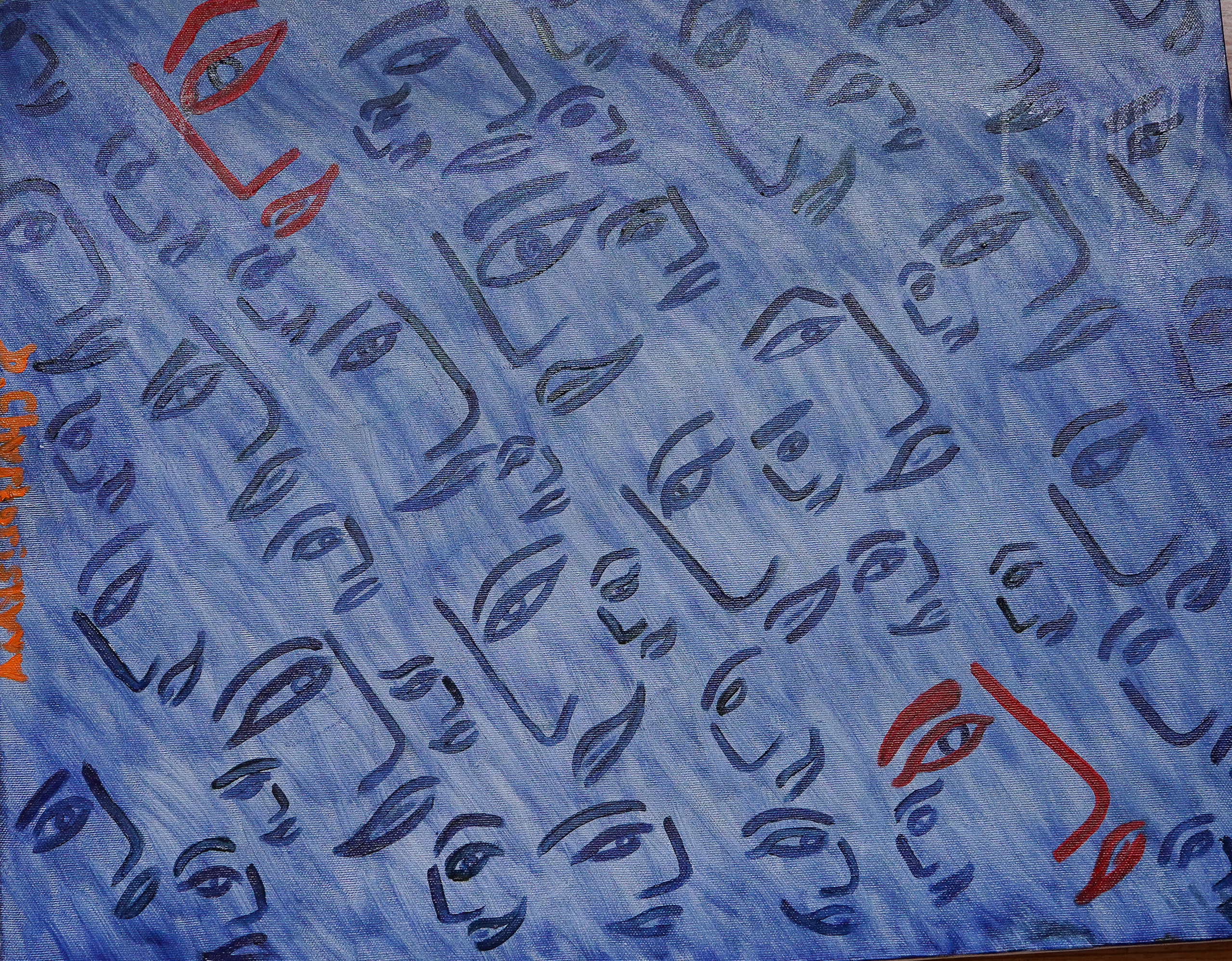 Картина. Холст. Акрил. На картине на голубом фоне изображены синие лица в профиль Художник Дарья Чарторийская 