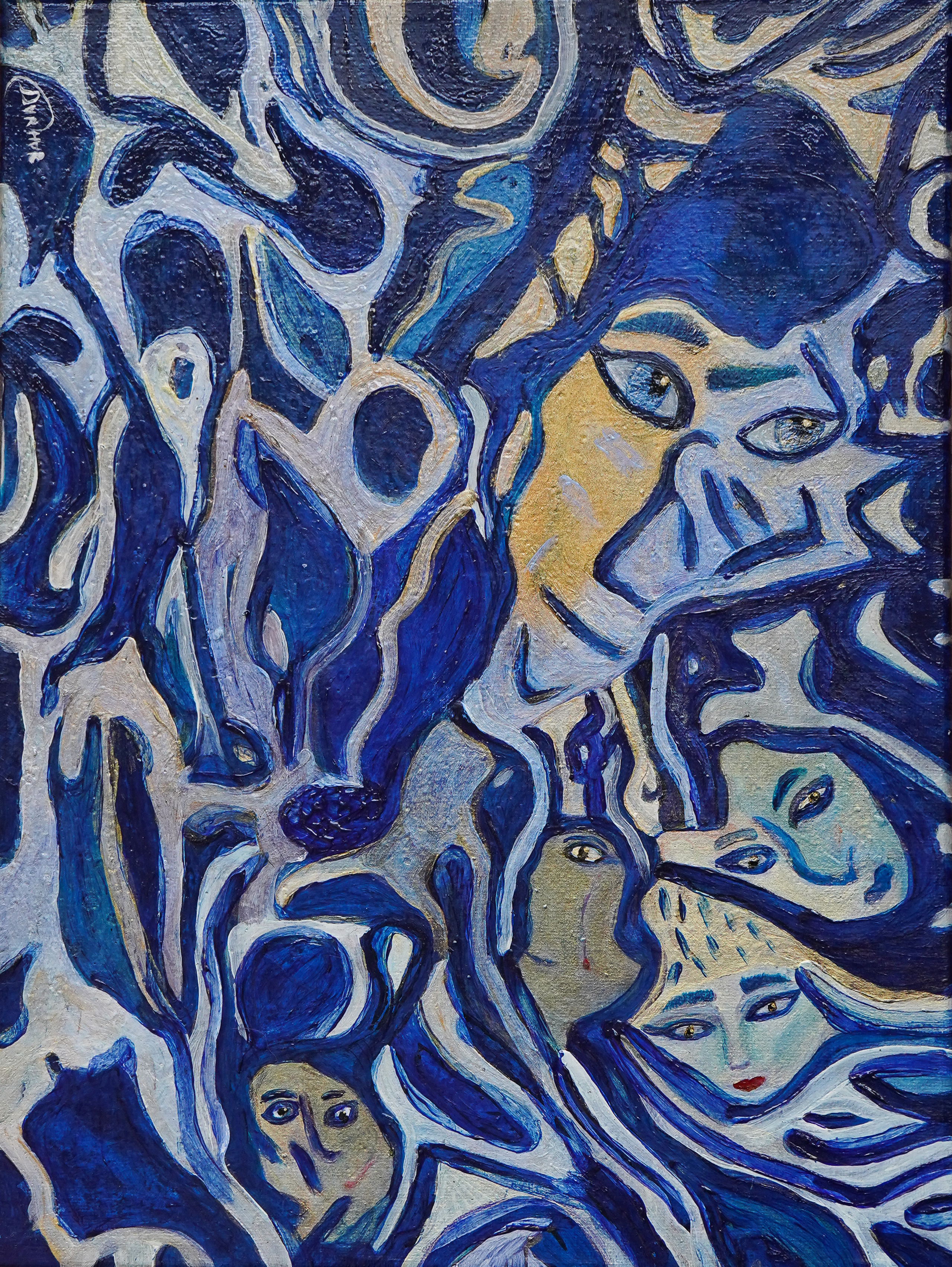 Картина. Холст. Акрил. Абстрактное изображение мужского лица в сине-желтых тонах и женские лица.  Художник Дарья Чарторийская 