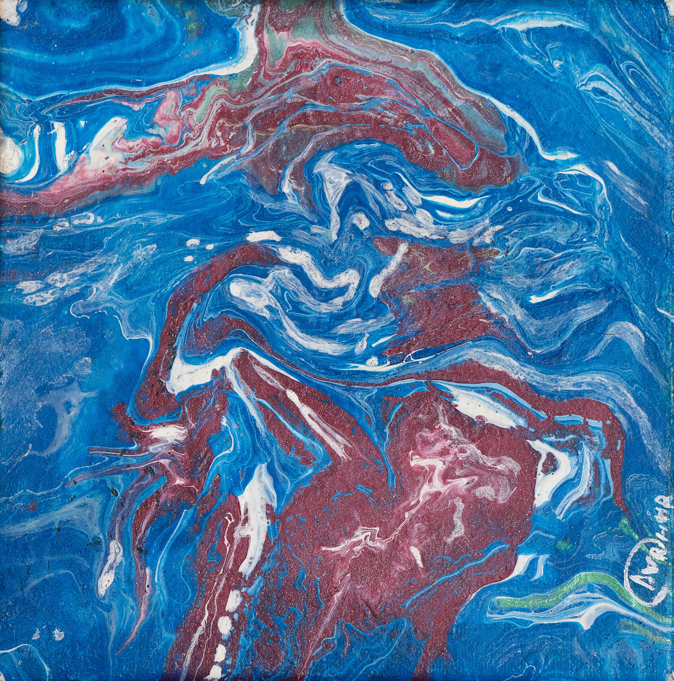 Картина. Холст. Акрил. Абстракция. На синем фоне красные пятна. Художник Дарья Чарторийская