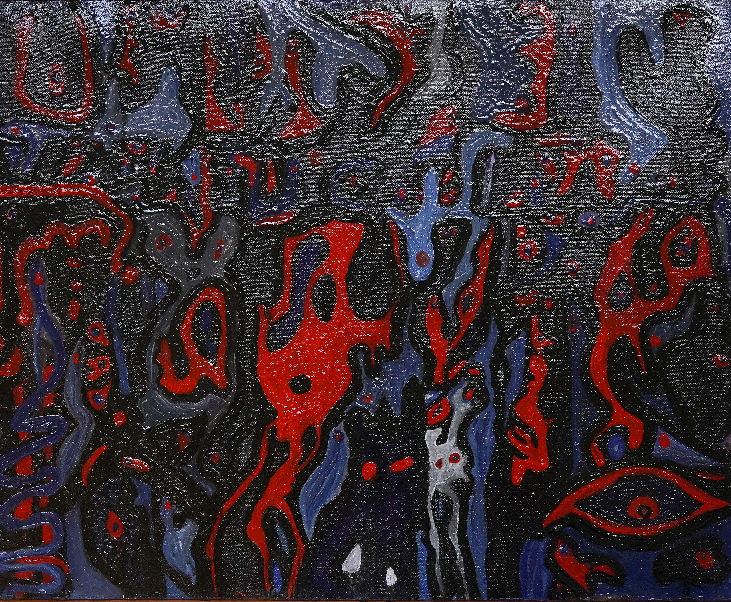 Картина. Холст. Акрил. Абстракция. На синем фоне красные фигуры, глаза, лица.  Художник Дарья Чарторийская