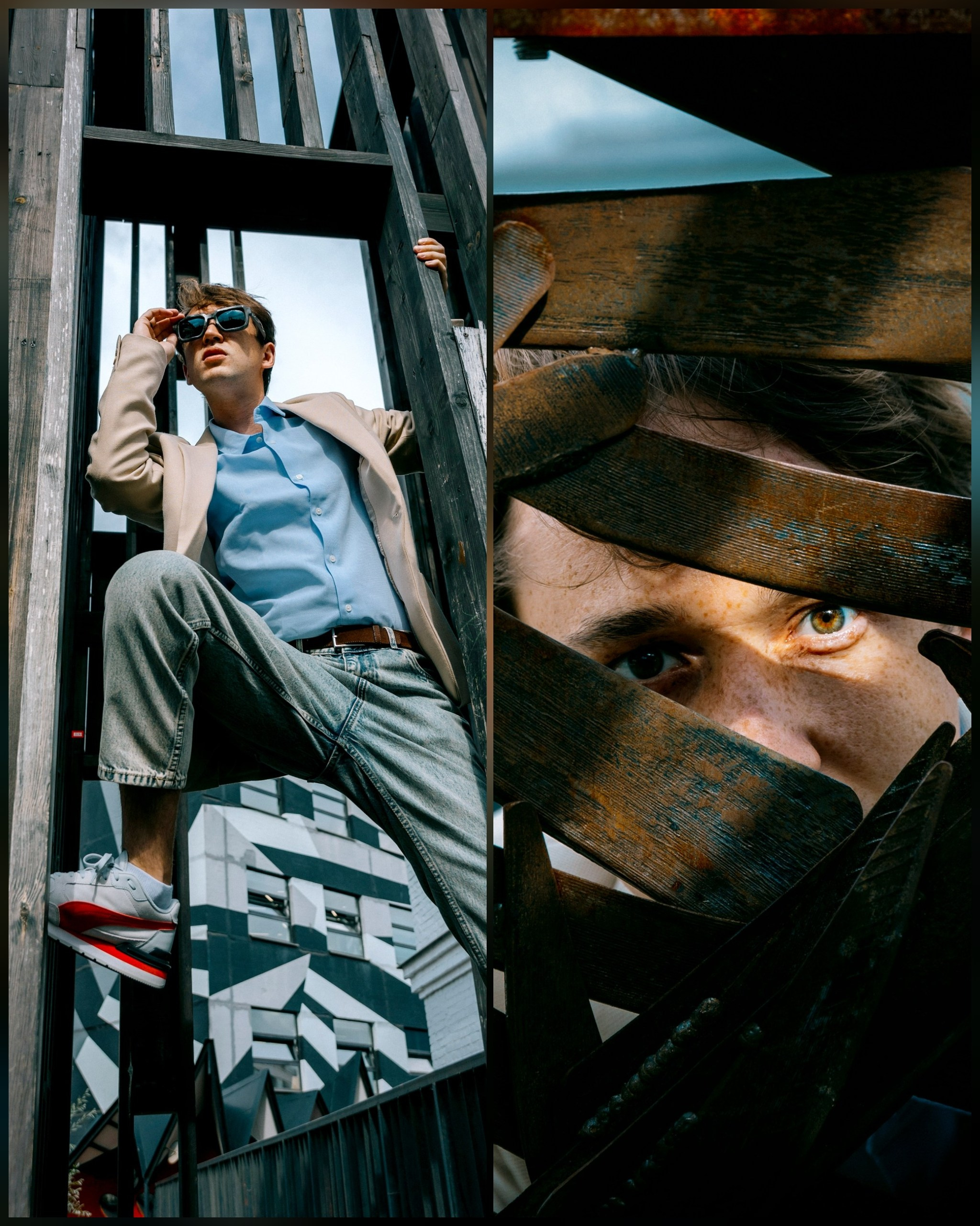 парень взбирается вверх, глаза через сетку