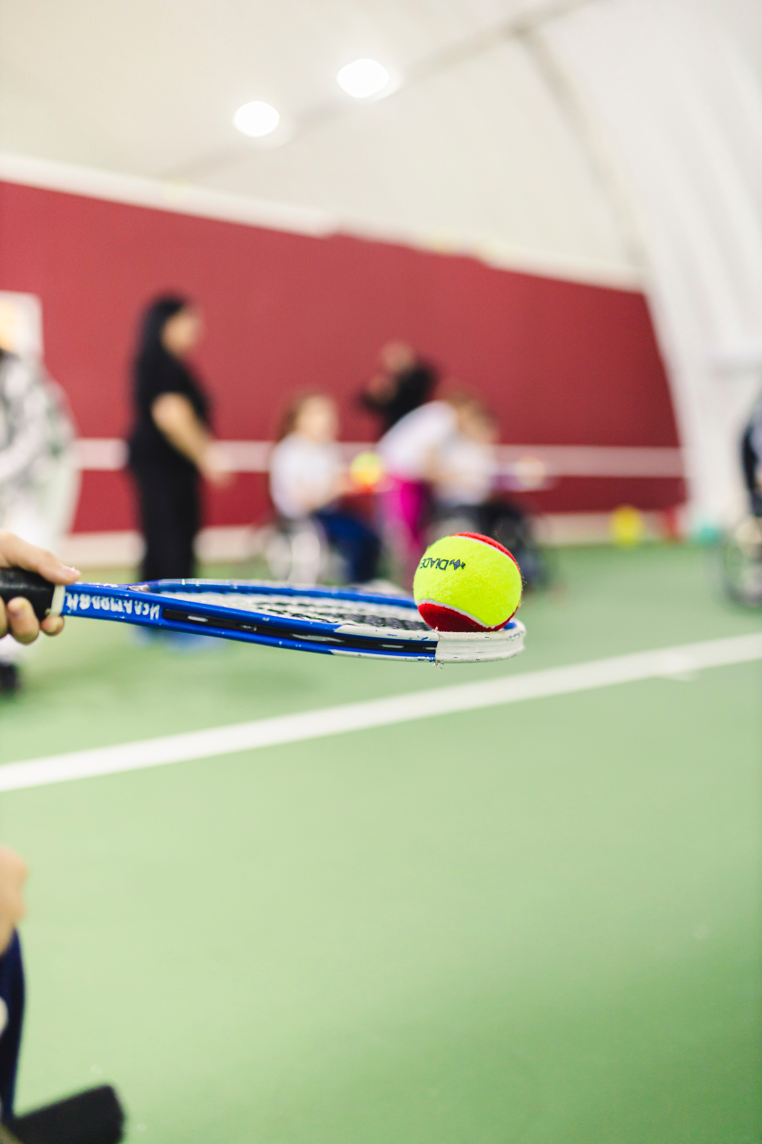 теннисный мячик на теннисной ракетке 