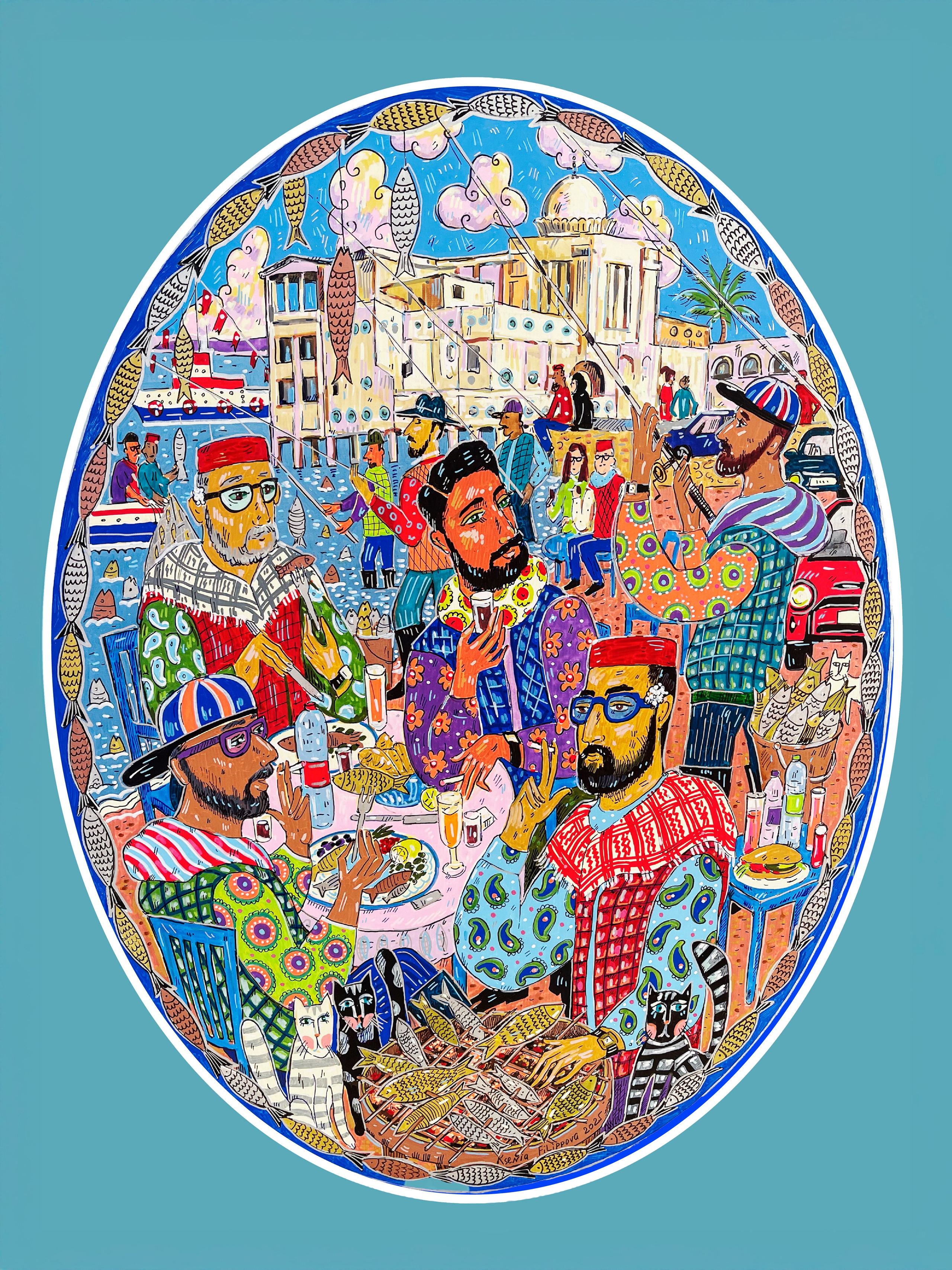 La Marsa's Fishermen, acrylic markers and ink on canvas, 40 × 30 cm (oval), 2025