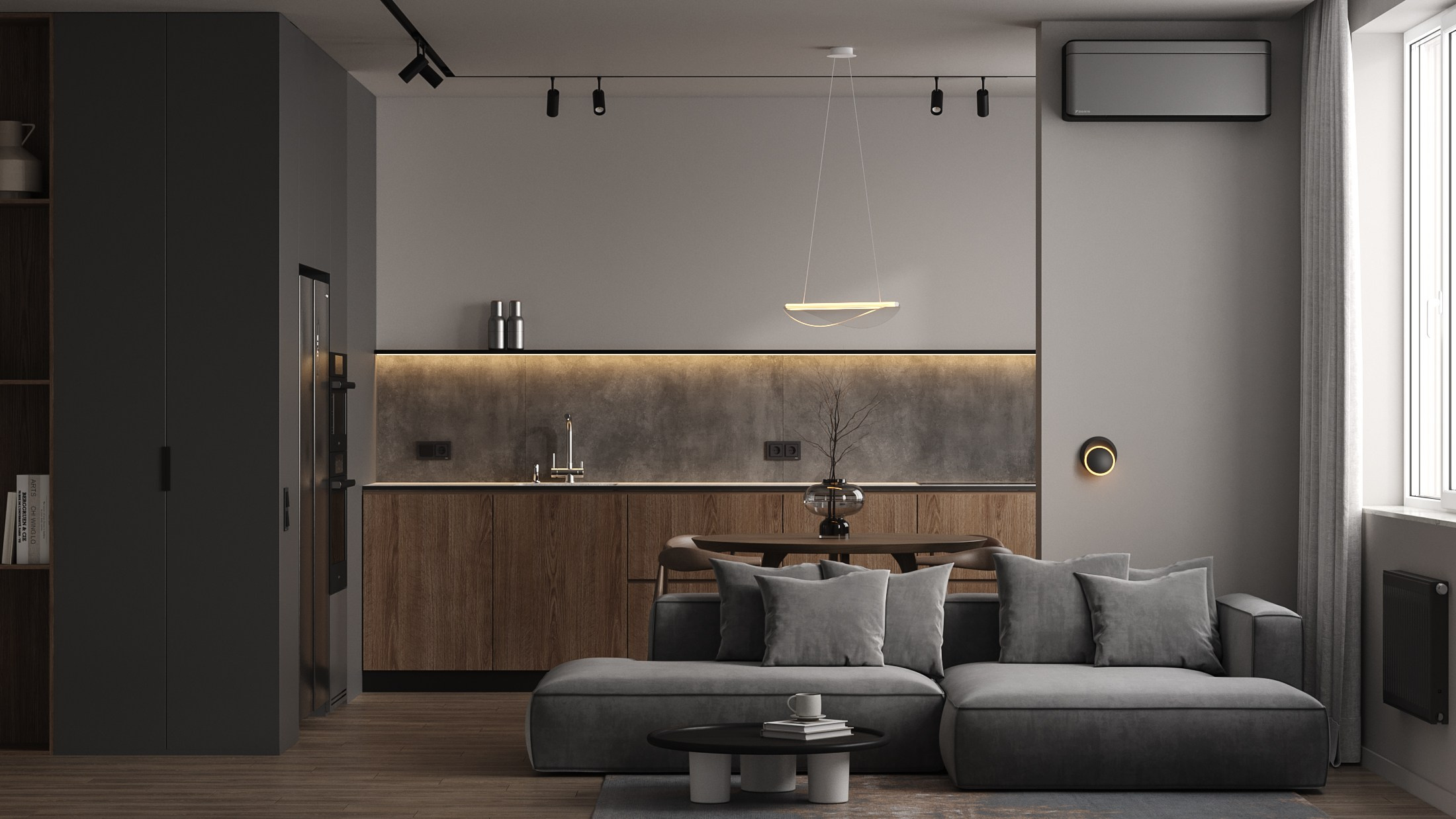 3д визуализация кухни-гостиной в современном стиле 