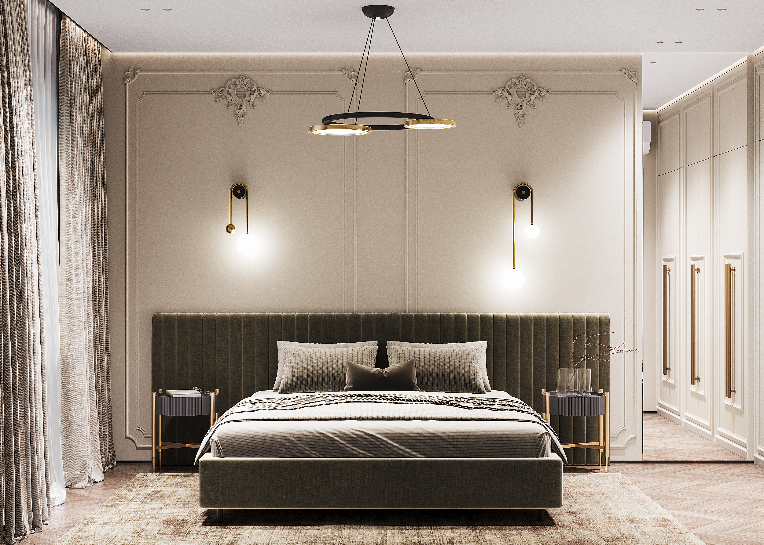 Фронтальный вид на кровать с мягким изголовьем и двумя изящными прикроватными столиками