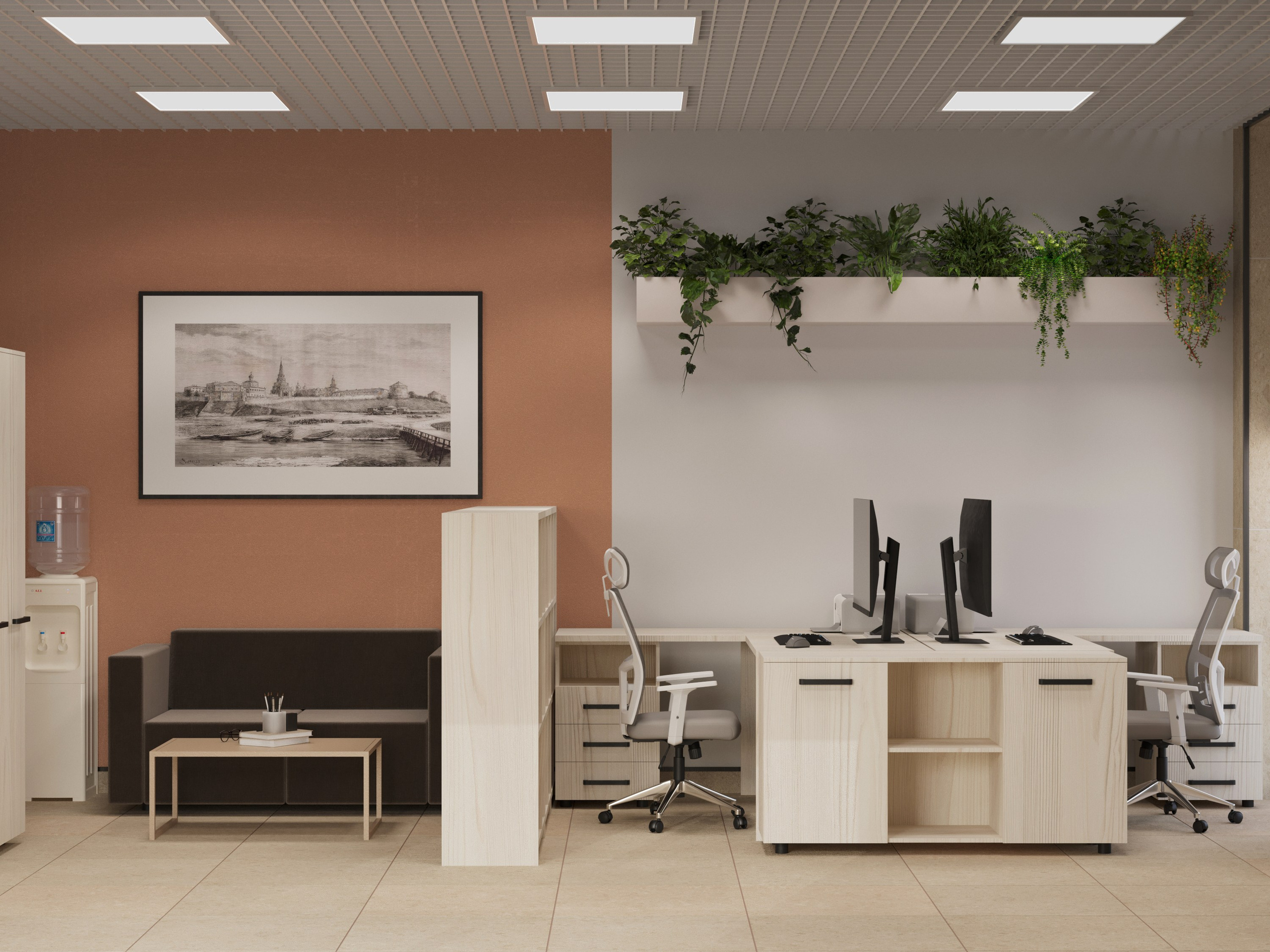 Крупный офис с рабочими местами, настенной полкой с живыми растениями, зоной отдыха с диваном