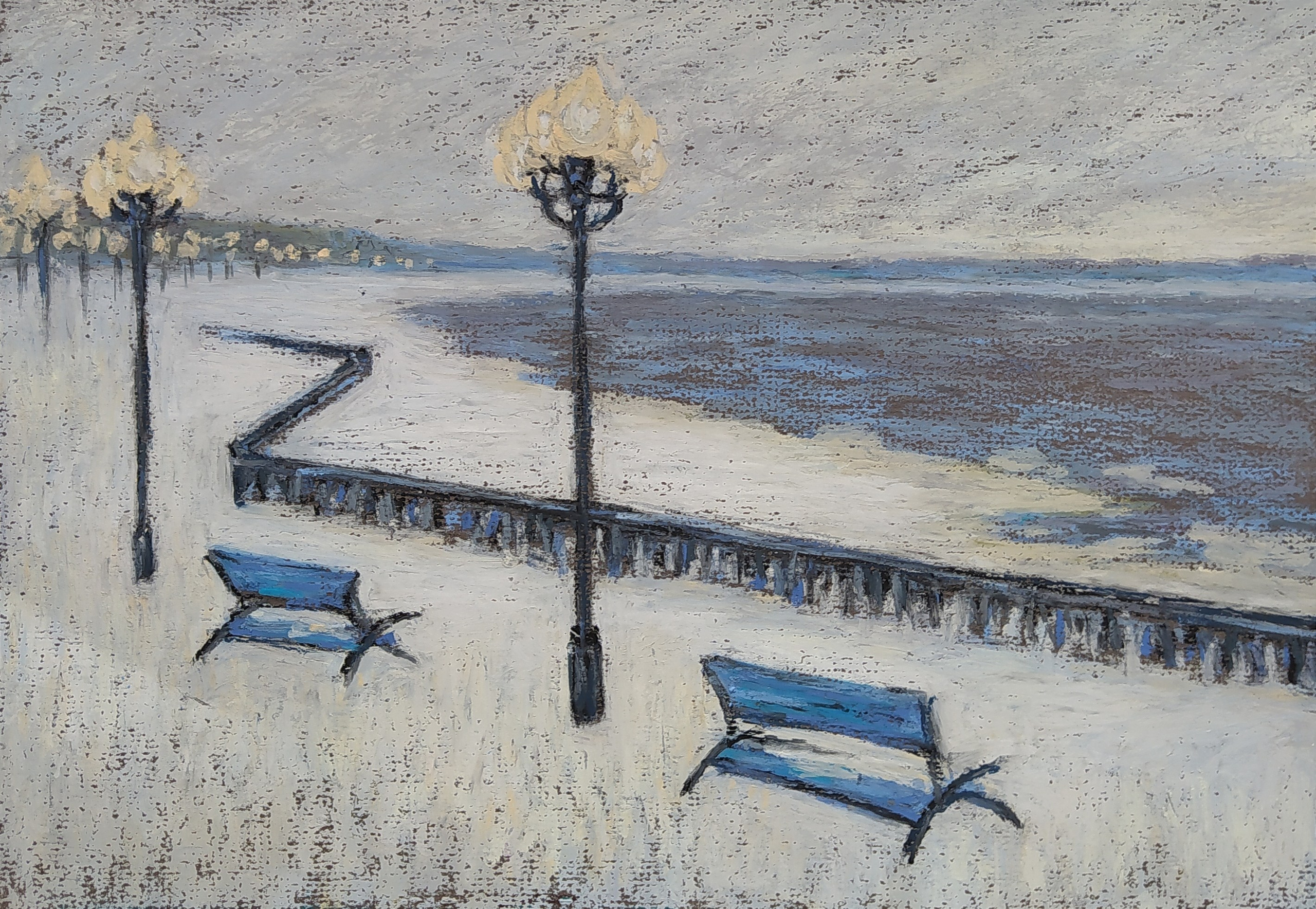 Пейзаж масляной пастелью, рисунок - Горящие фонари на зимней набережной