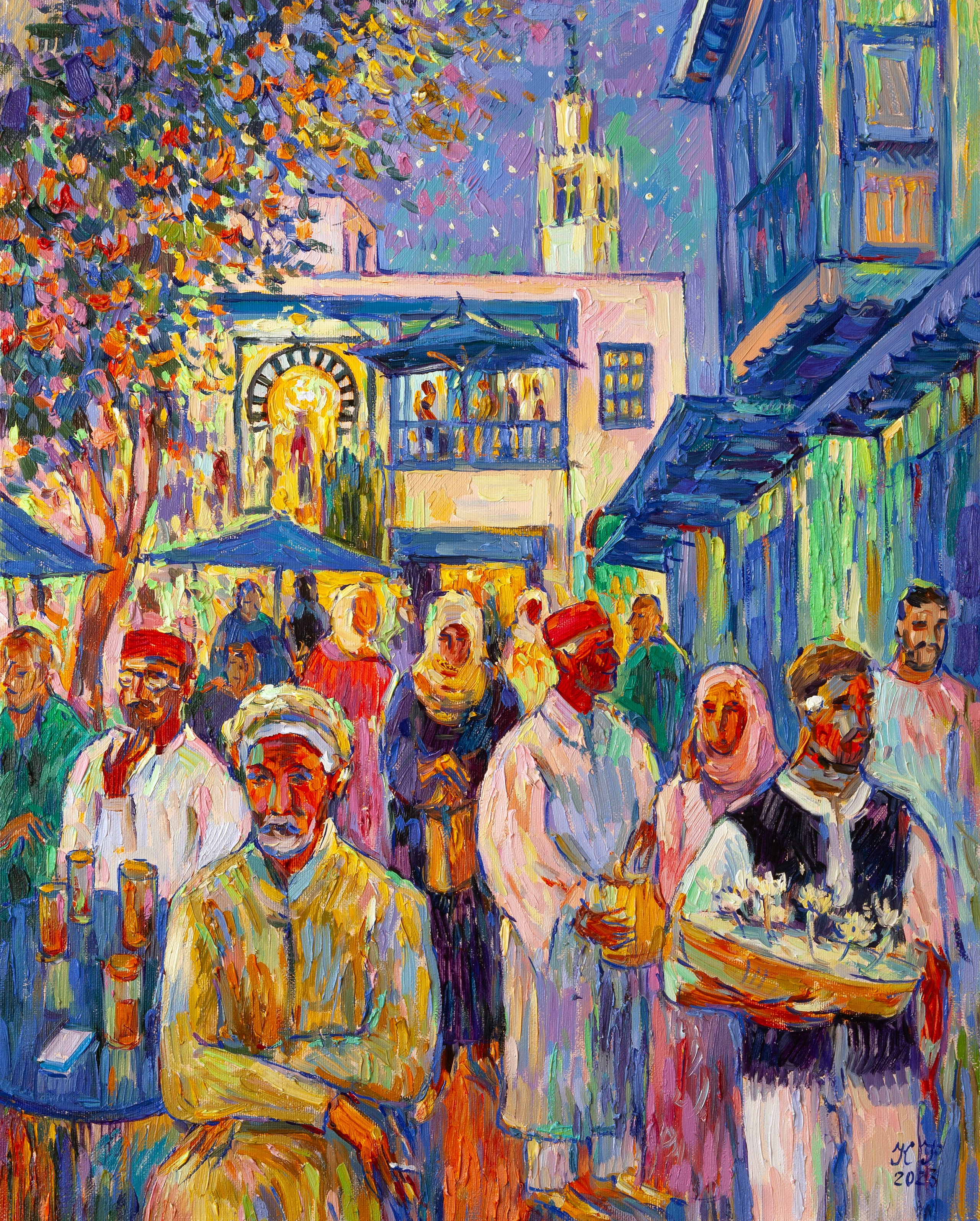 A warm night illuminated a picturesque scene, featuring machmoum vendors, and elderly people adorned in traditional Tunisian attire against the backdrop of the renowned Café de Nattes staircase in Sidi Bousaid.