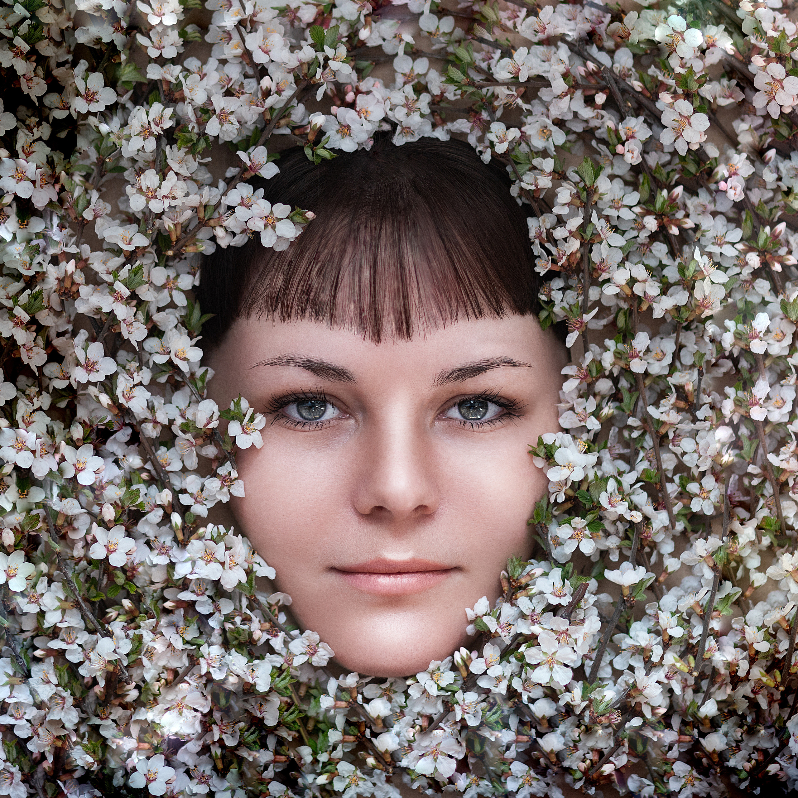 Модная фотография женское лицо среди цветов. Фотограф Иван Тарасов