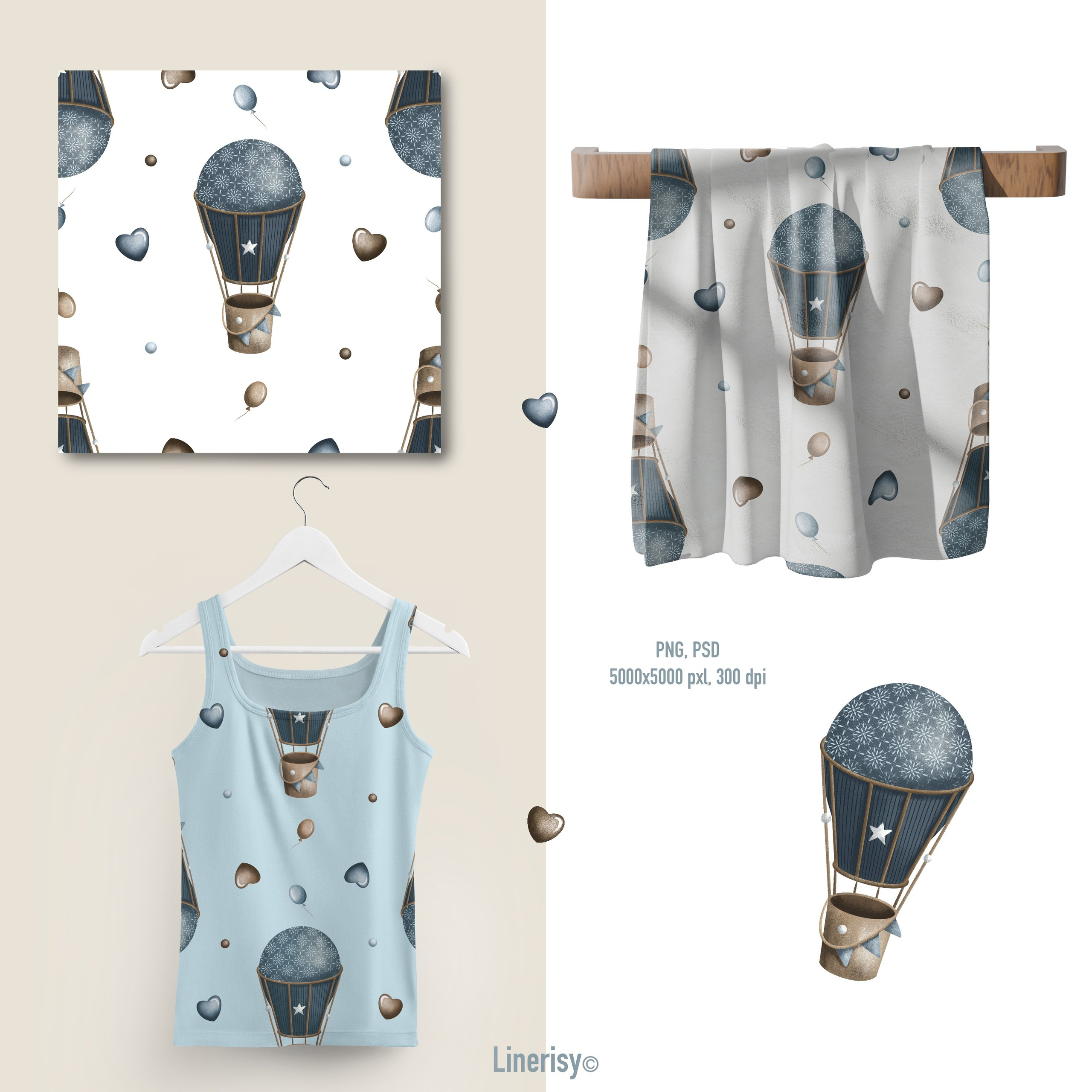 Набор бесшовных паттернов «Зайка на воздушном шаре». Художник-иллюстратор Евгения Бекренёва