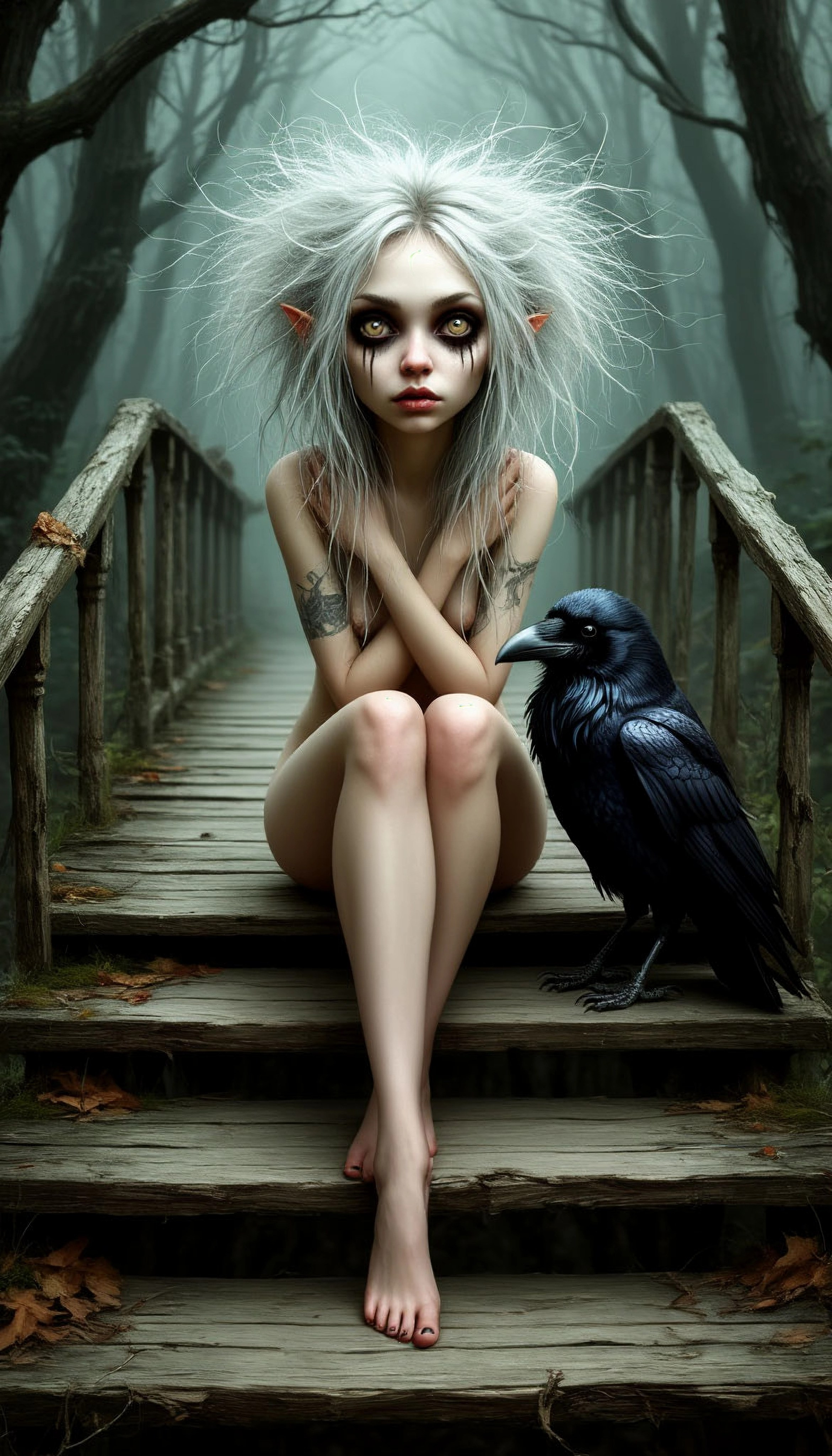 Обнаженная девушка с с вороном в стиле Тима Бертона