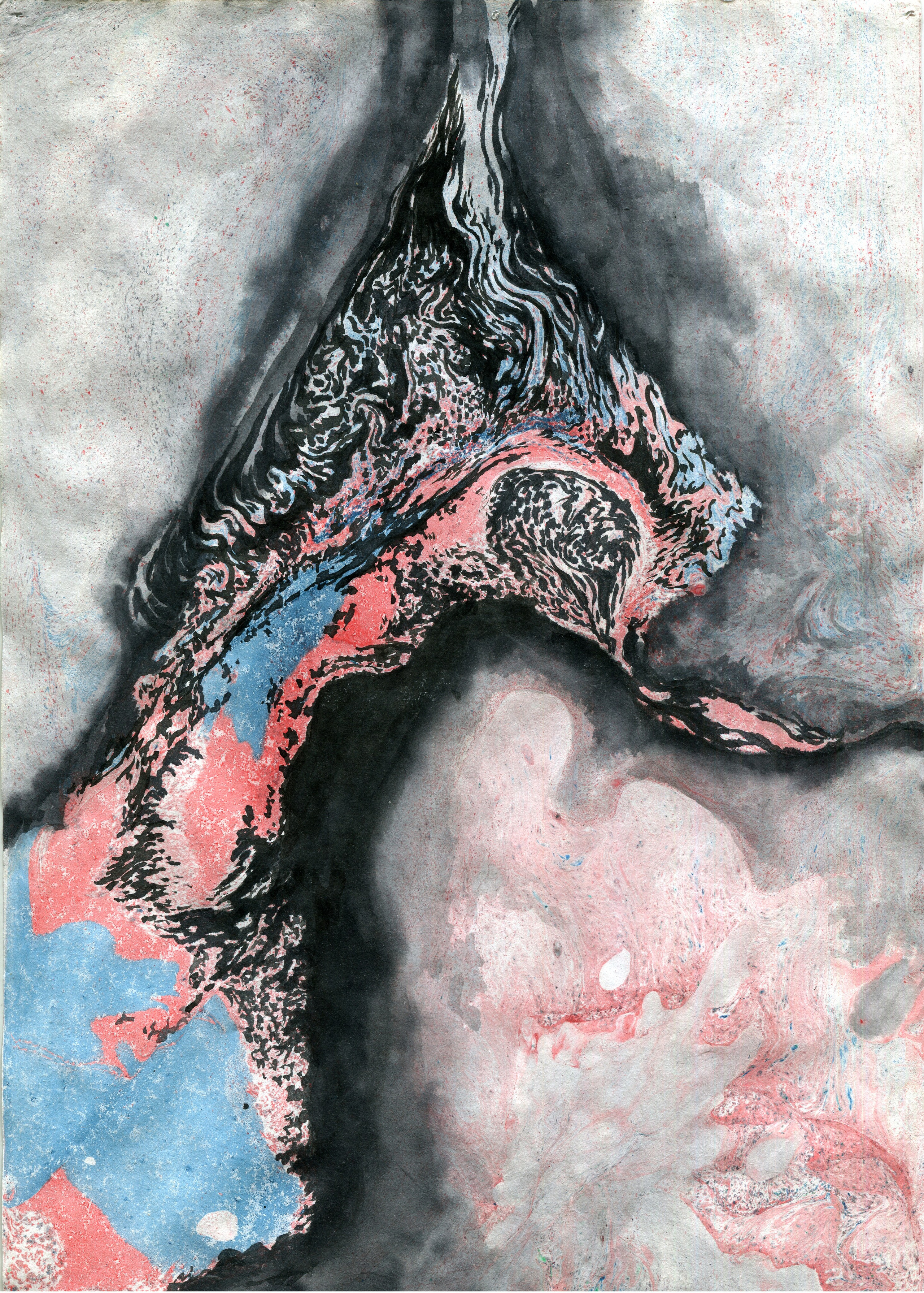 Абстрактное произведение искусства с закрученными узорами в оттенках черного, розового и синего, с текучими, органическими формами, создающими ощущение движения. Композиция предполагает динамичный и энергичный поток с сильными контрастами между темными и светлыми областями. Использование смелых мазков и ярких цветов придает произведению поразительное и эмоциональное качество, приглашая зрителя исследовать движение внутри произведения искусства.