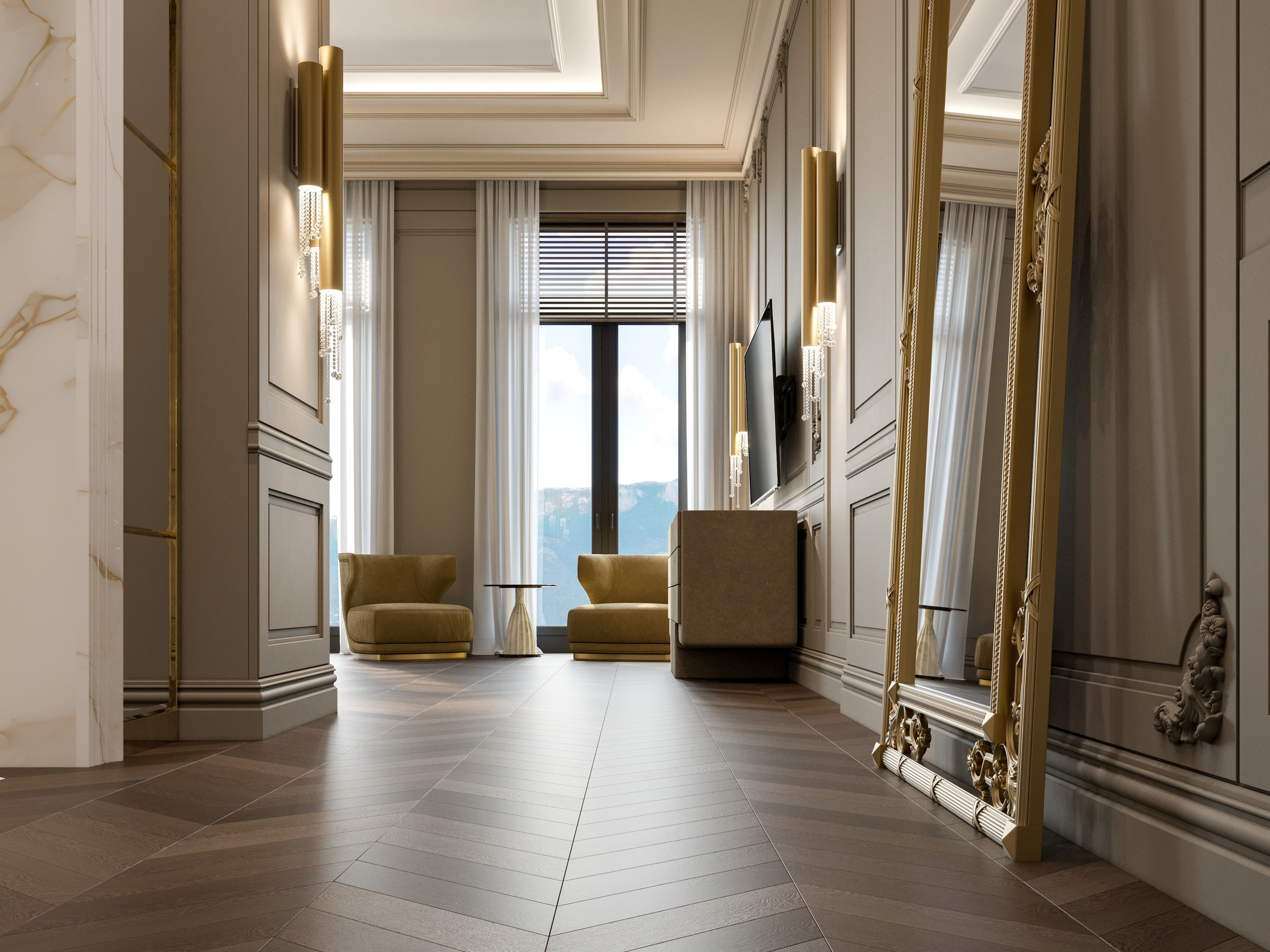 Зеркало в золотой раме в спальне