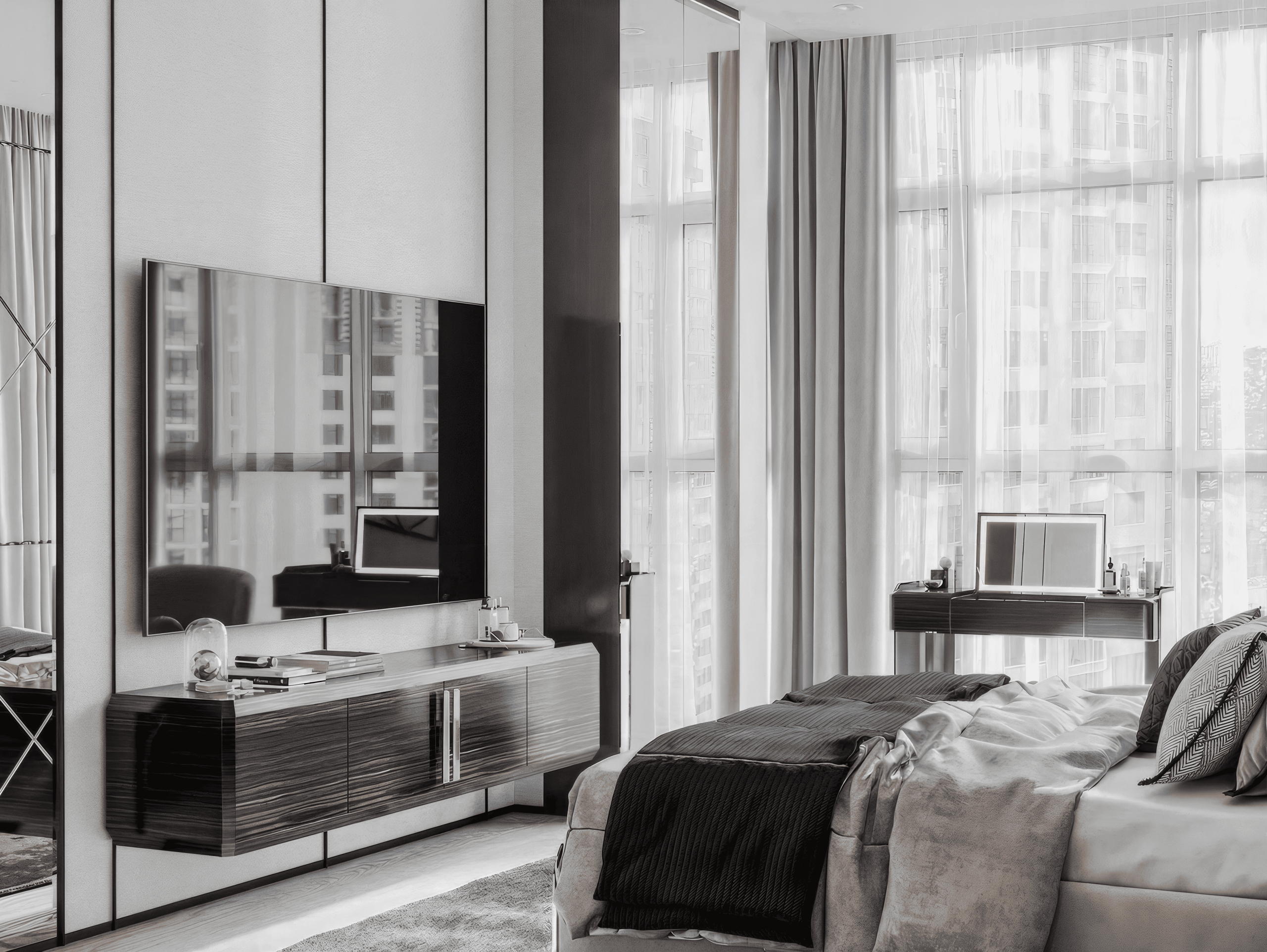 Интерьер спальни от Валерии Котович: подвесная консоль под ТВ из темного дерева, панорамные окна с серыми портьерами, кровать в светлых тонах и туалетный столик в стиле минимализм.