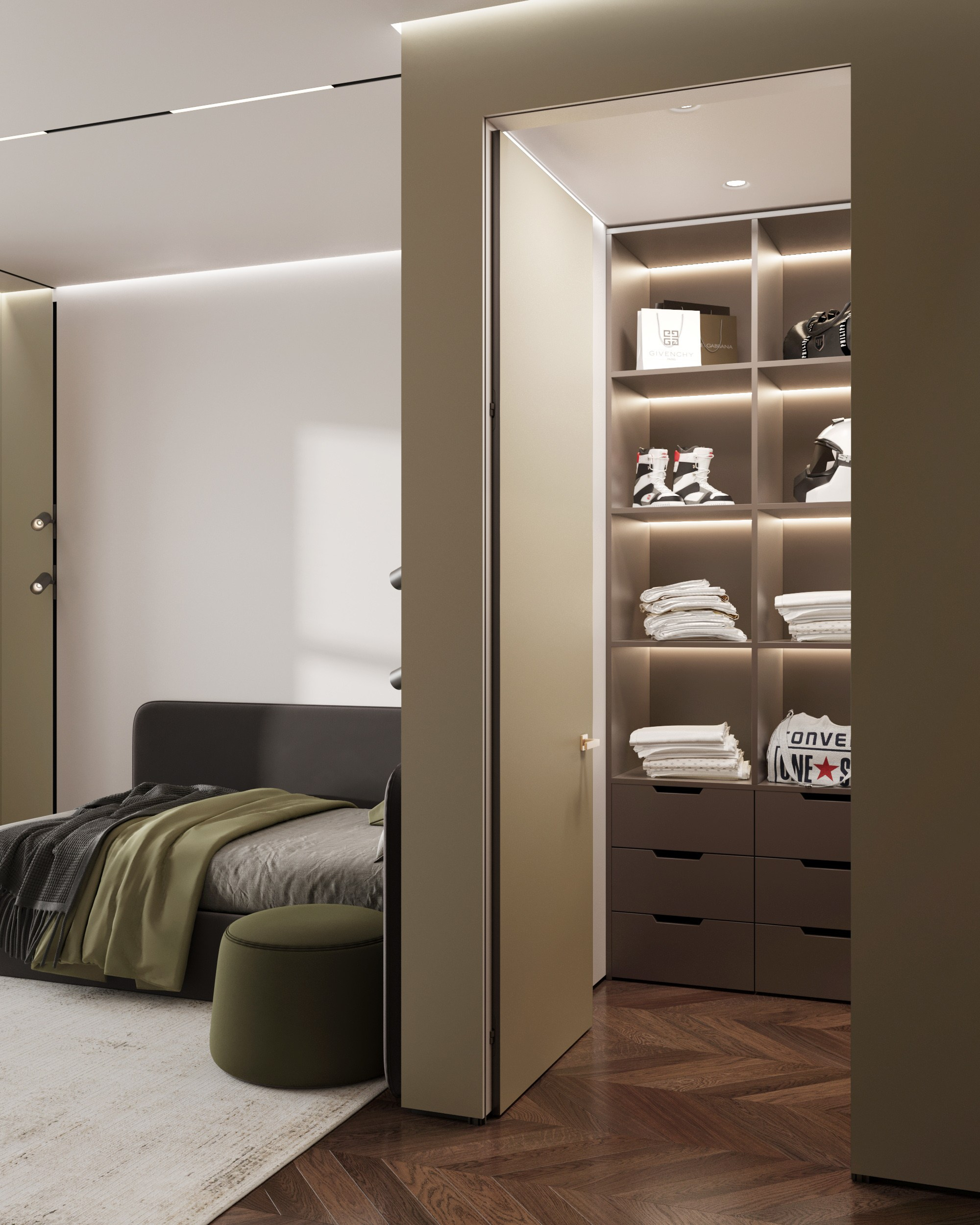 Встроенный шкаф в детской комнате: полки с обувью, одеждой и аксессуарами в ЖК Скай