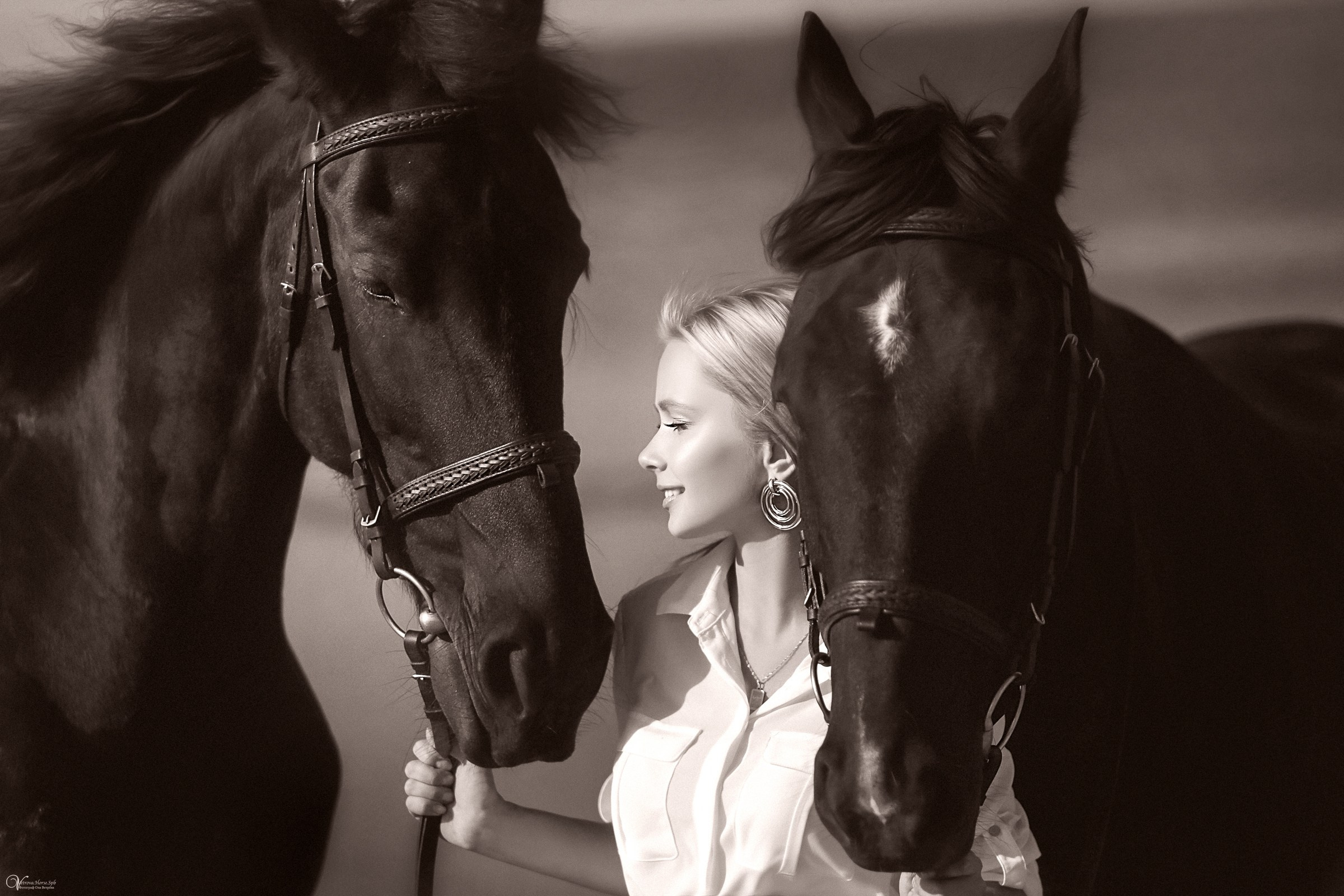 Девушка с двумя лошадьми, два вороных коня