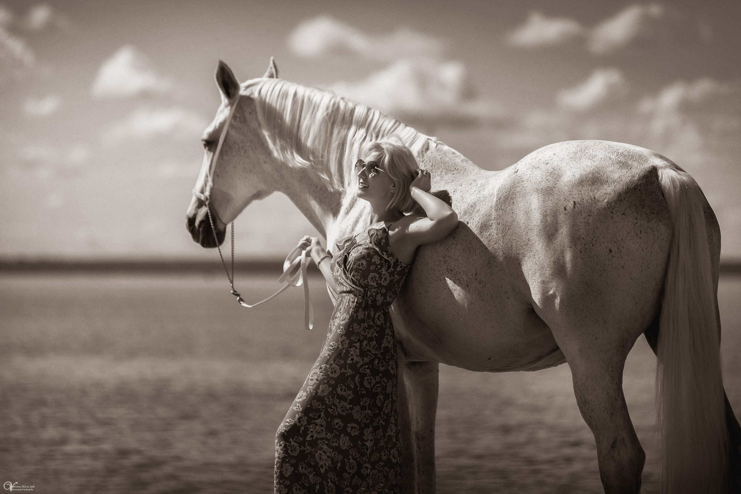 Фотосессия с белой лошадью на заливе СПБ. Фотограф женский и мужской портрет Санкт-Петербург