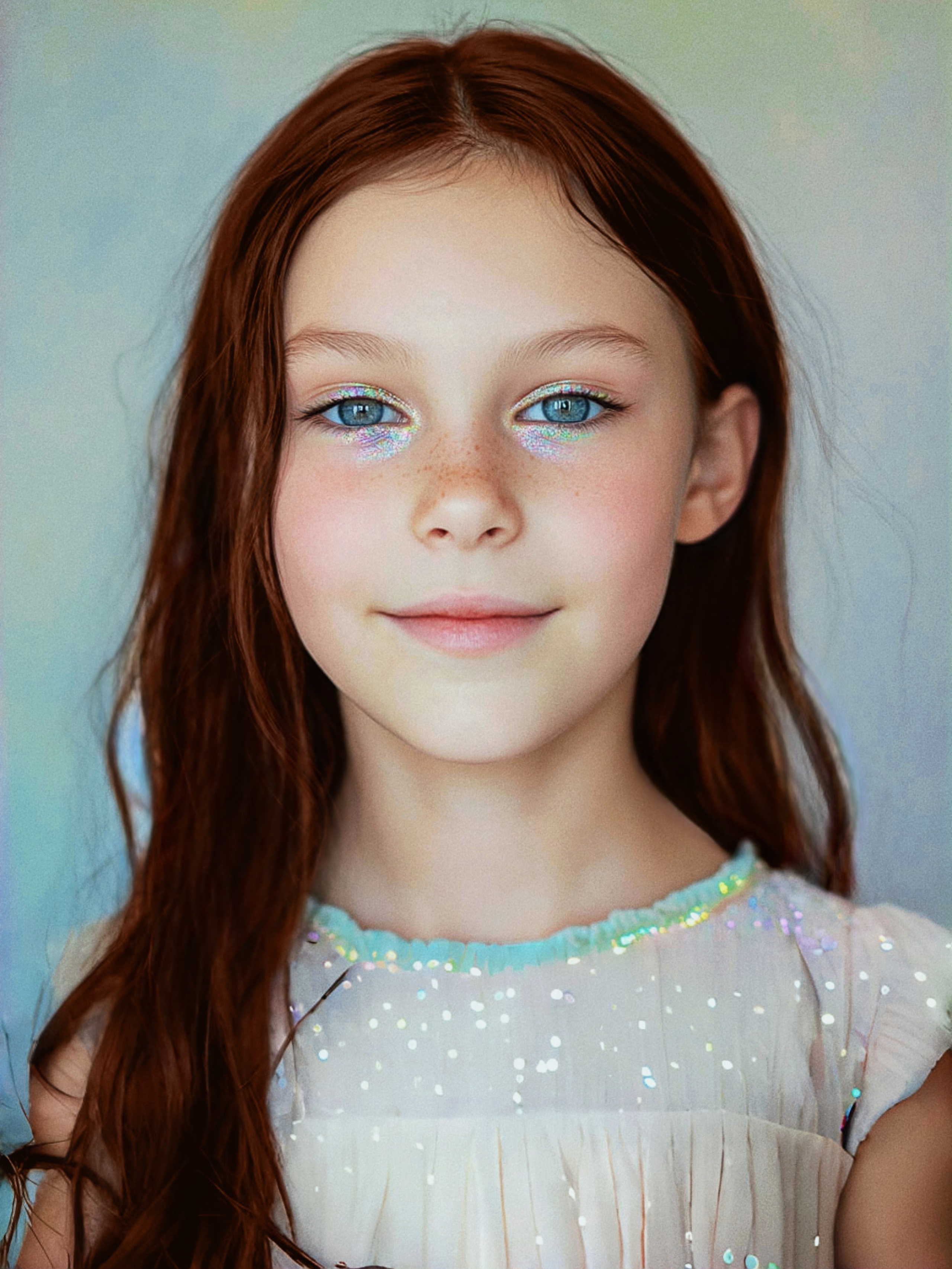 Девочка 10 лет нанесла на веки ультрамодные переливающиеся тени, которые меняют цвет в зависимости от освещения